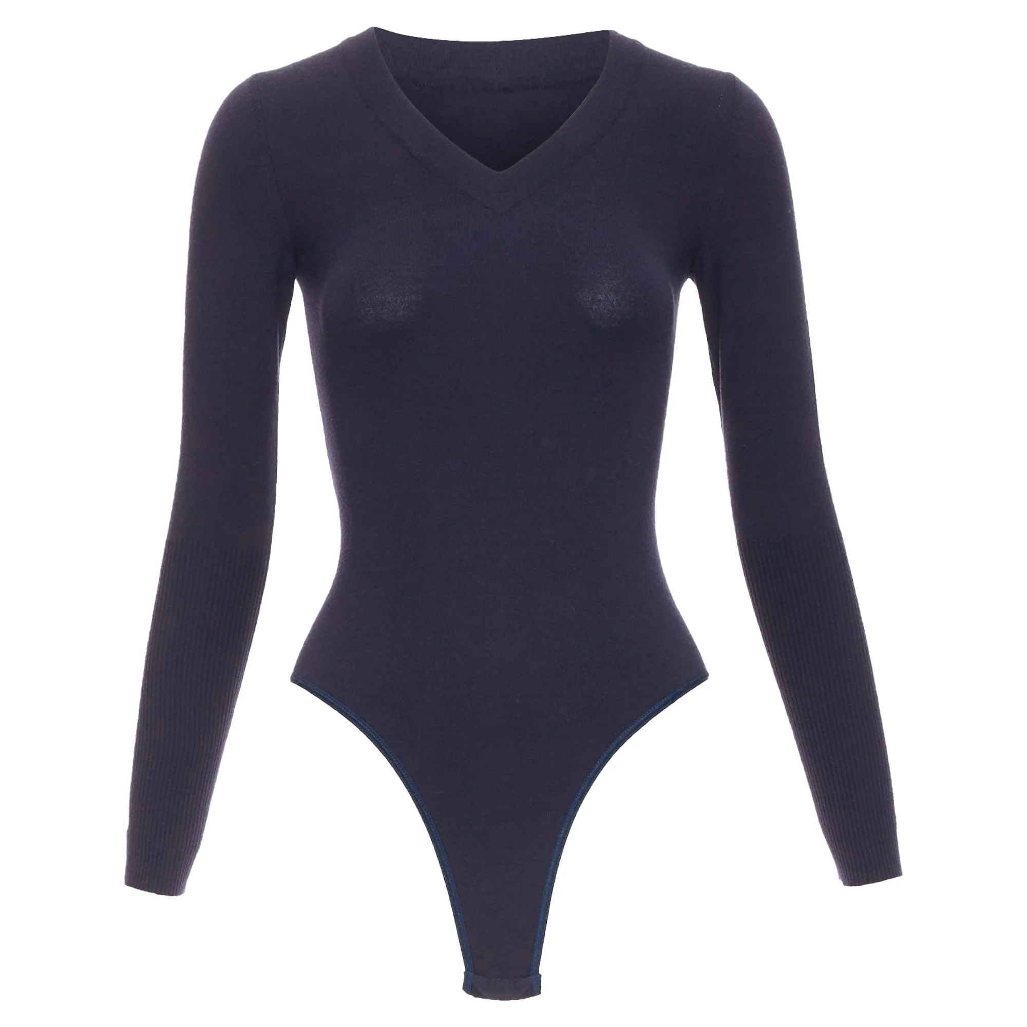 Women's ALAIA navy virgin wool blend v-neck bodysuit sweater leotard top FR36 S - Image 9