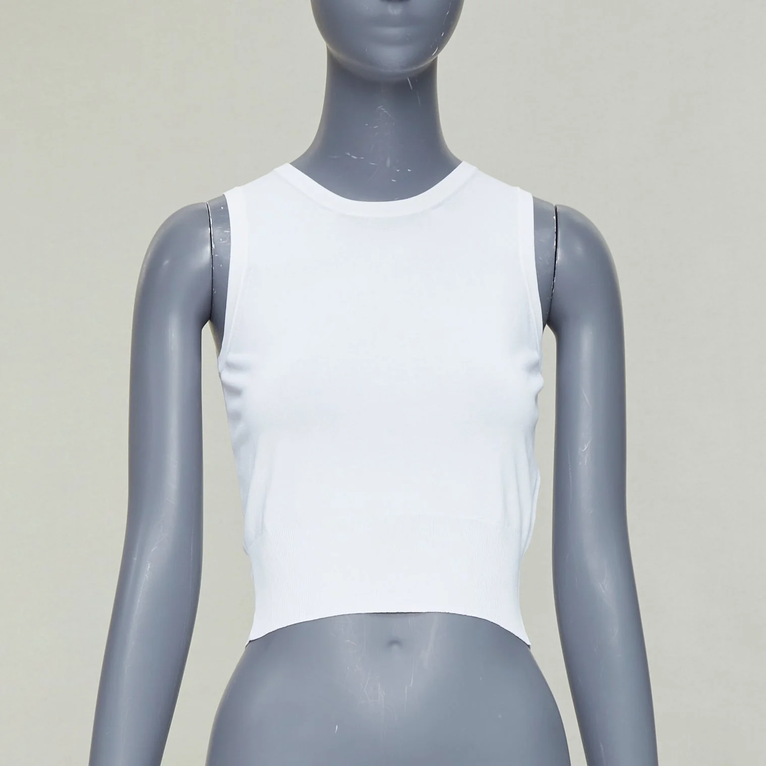 Women's ALAIA white viscose blend sleeveless round neck ribbed hem crop vest FR36 S - Image 10