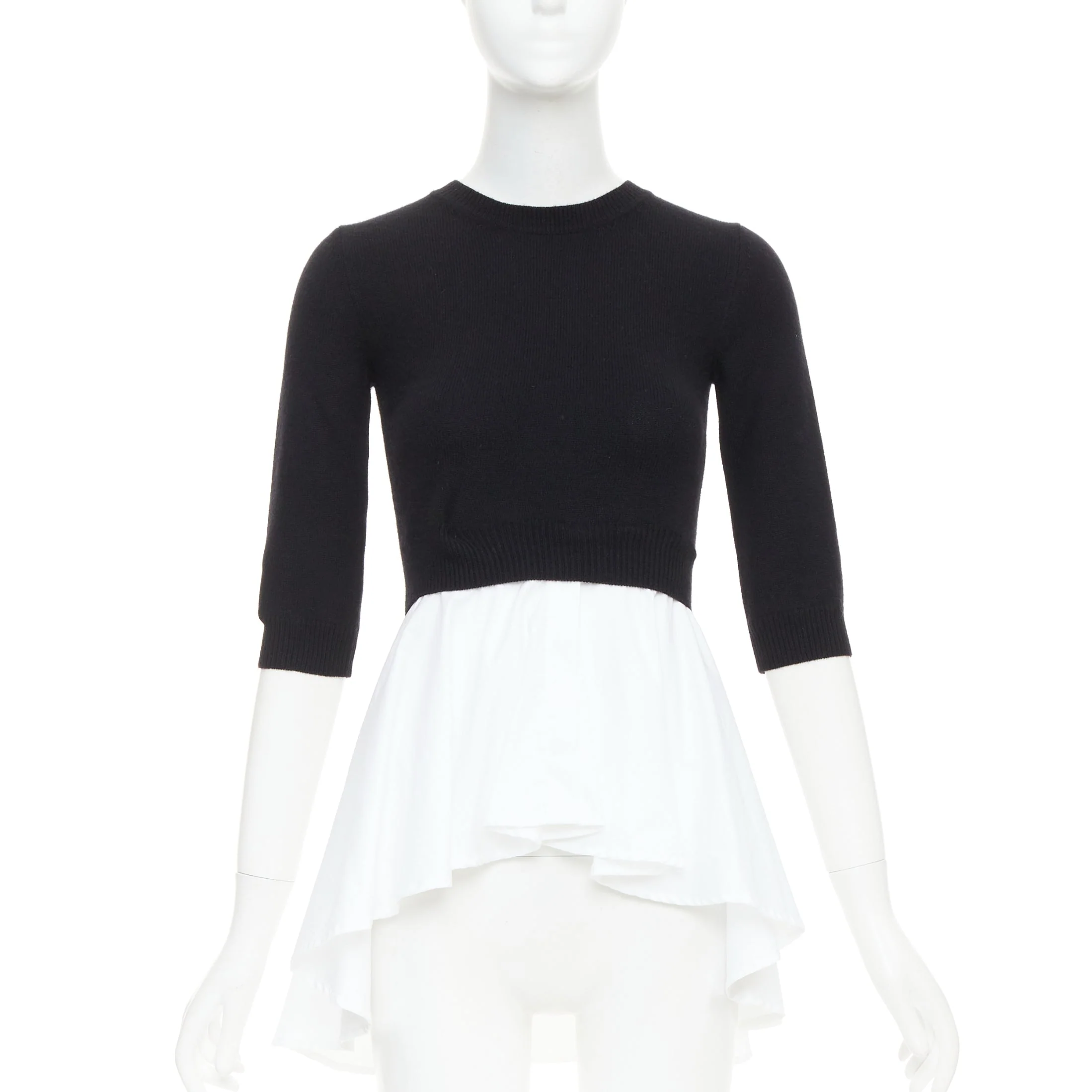 Women's ALEXANDER MCQUEEN black wool cashmere sweater white cotton peplum top XXS - Image 10