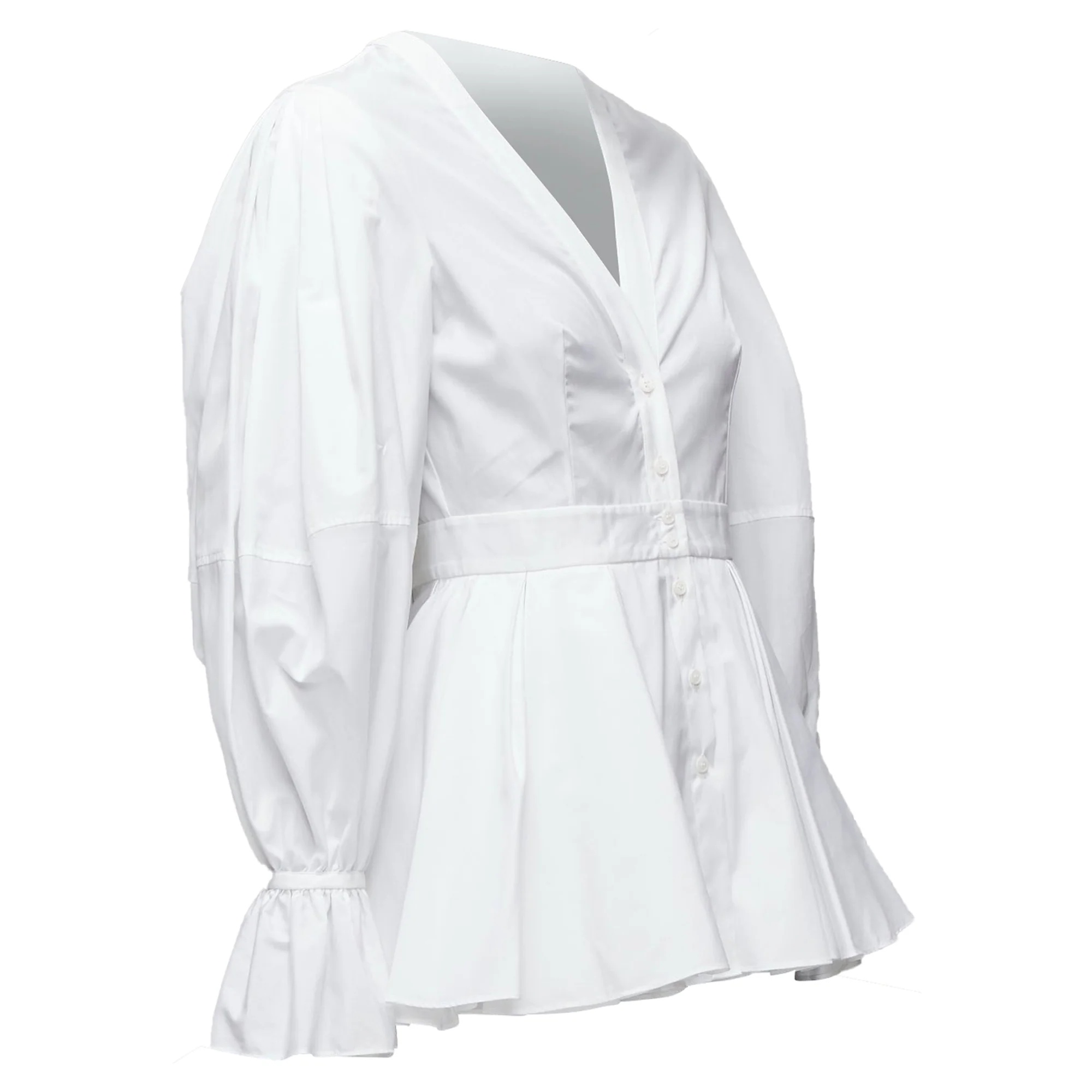 Women's Alexander Mcqueen Cotton V-Neck Balloon Sleeve Peplum Dress Shirt - Image 3