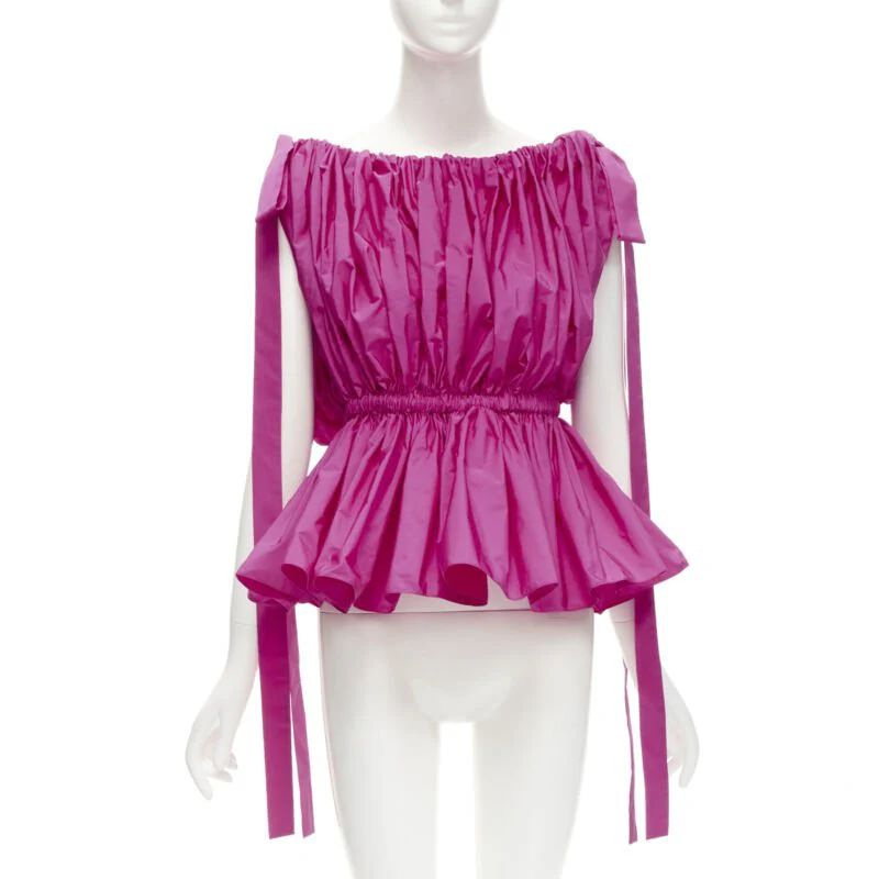 Women's Alexander McQueen fchia crinkled bow tie shoulder peplum top - Image 7