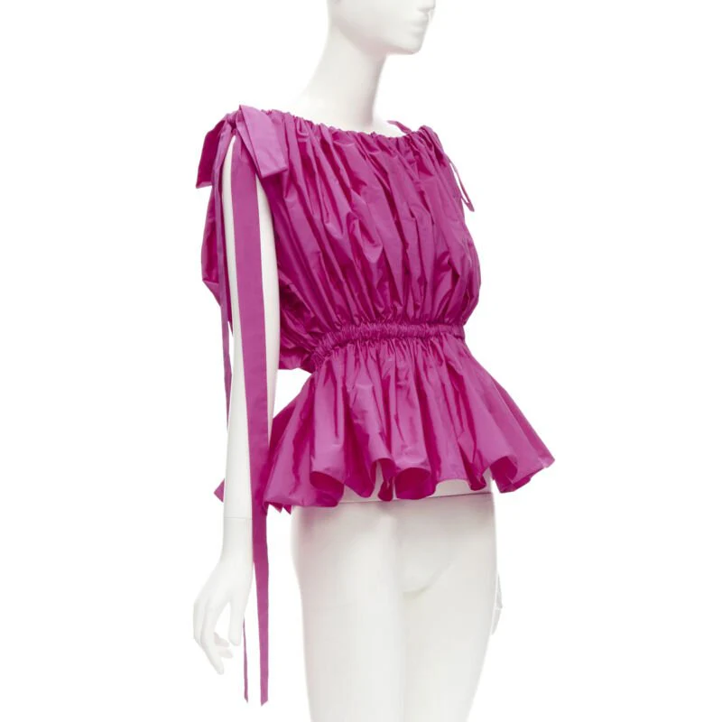 Women's Alexander McQueen fchia crinkled bow tie shoulder peplum top - Image 9