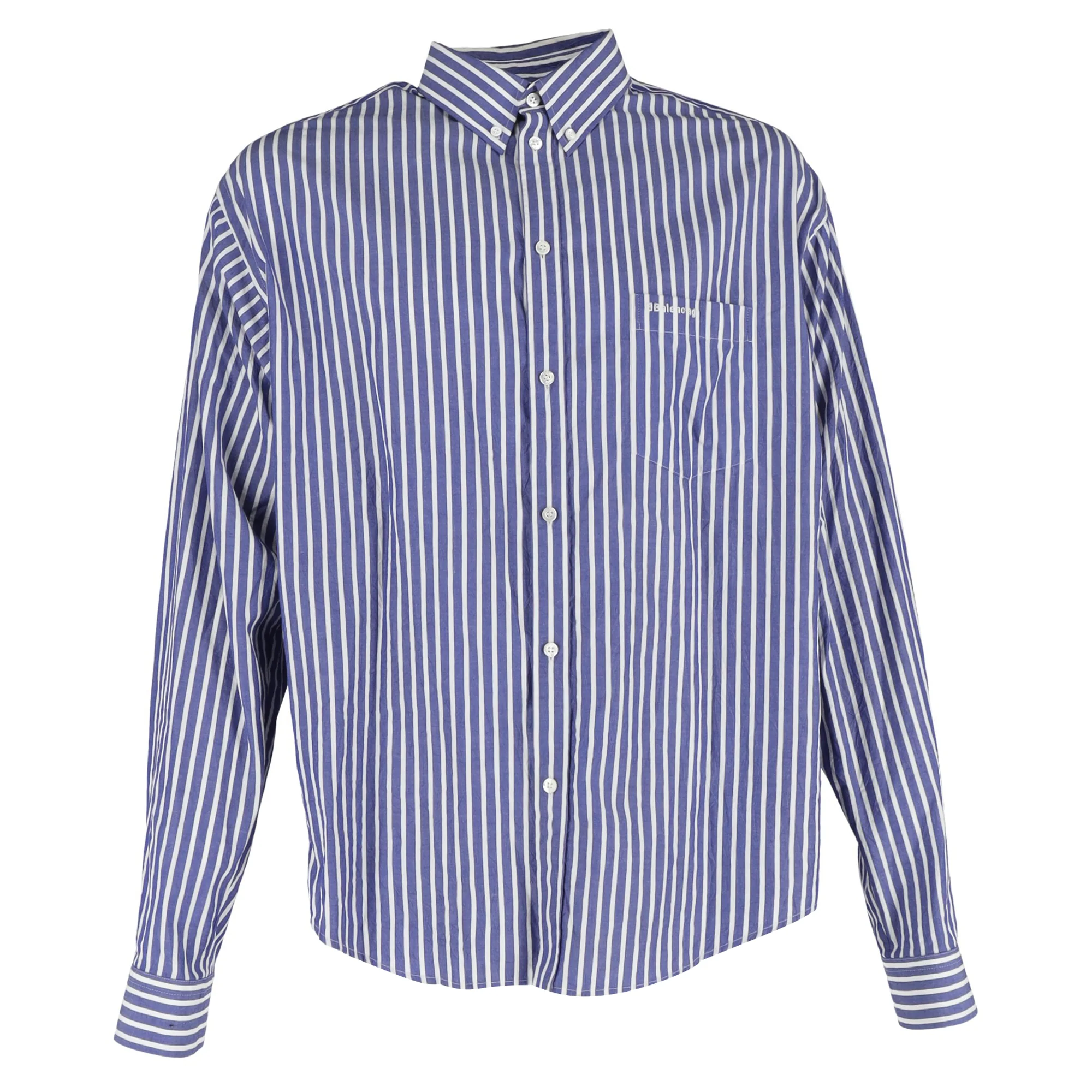 Men's Balenciaga Logo-Embroidered Striped Button-Down Shirt in Blue Cotton