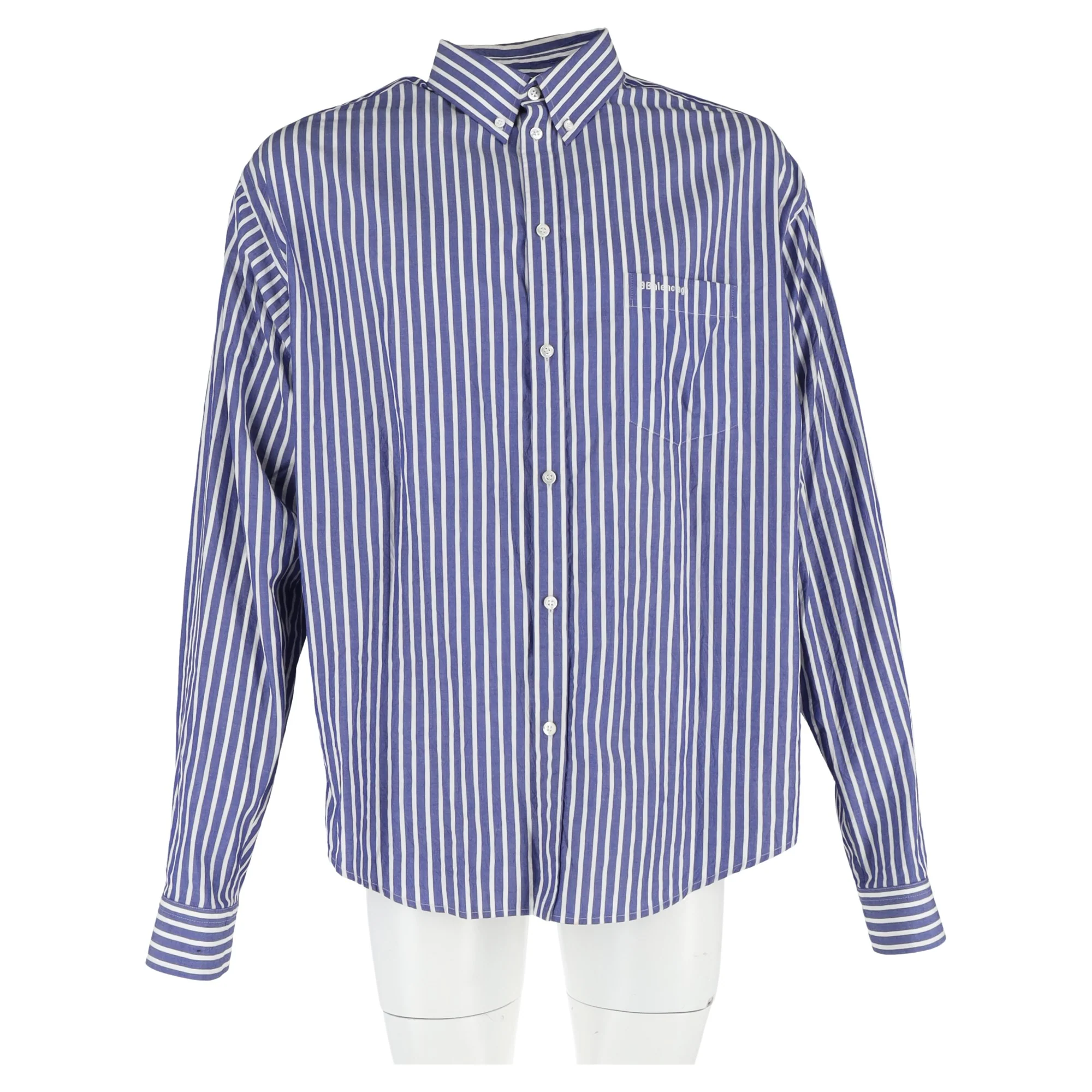 Men's Balenciaga Logo-Embroidered Striped Button-Down Shirt in Blue Cotton - Image 8