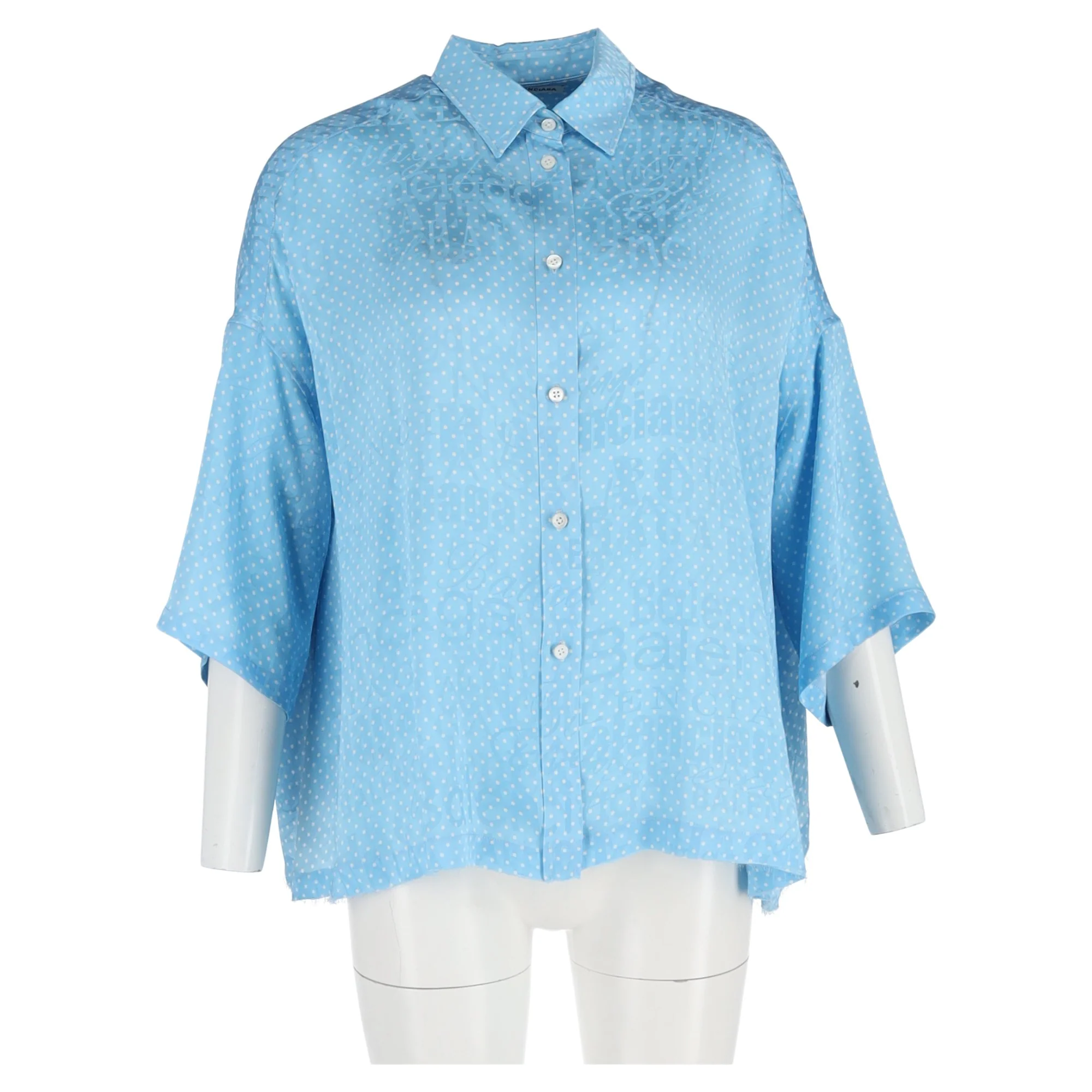 Women's Balenciaga 2019 Tonal Logo Button-Up Blouse in Light Blue Silk - Image 6