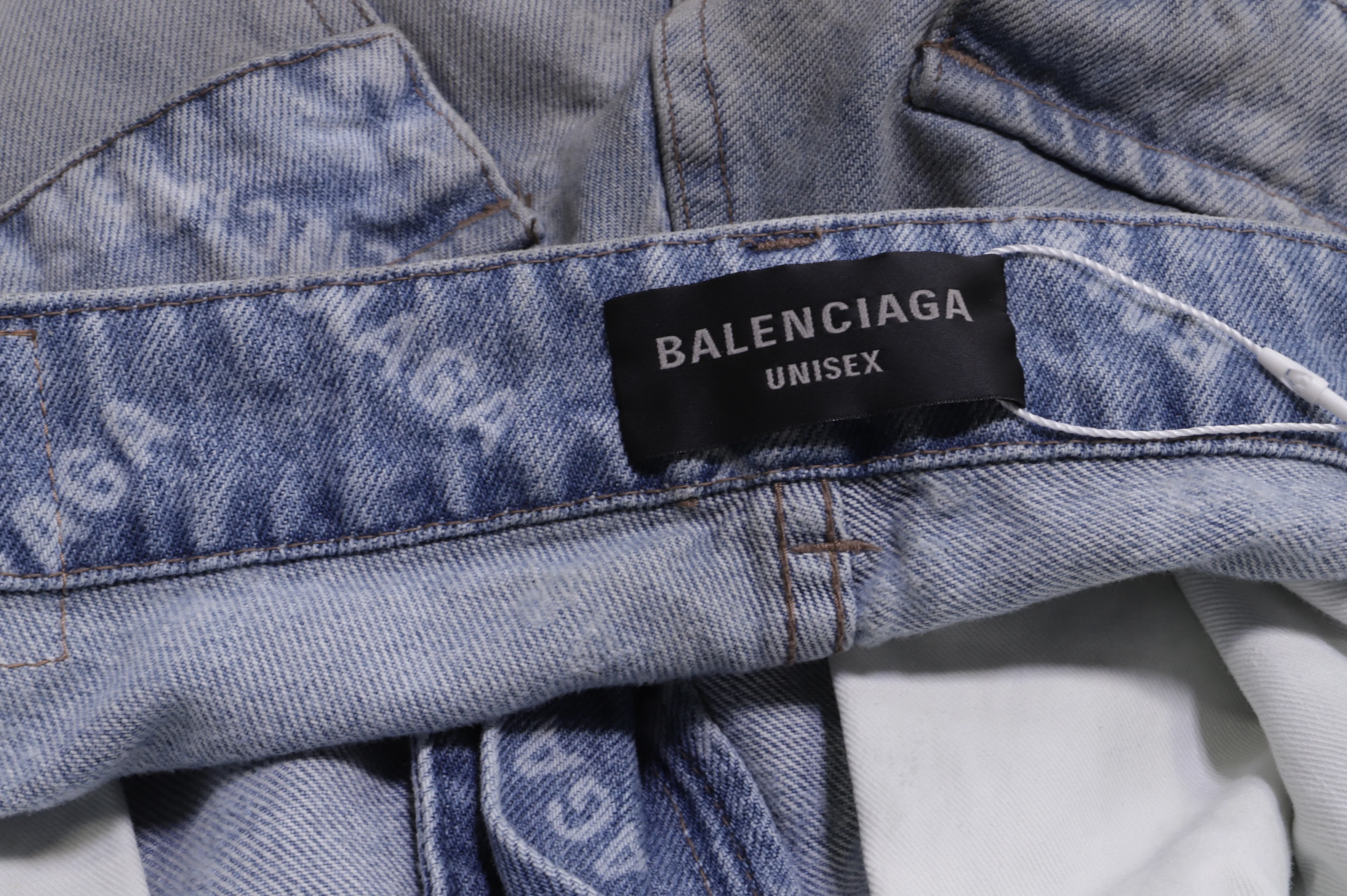 Women's Balenciaga Distressed All Over Brand Wide-Leg Jeans in Blue Cotton - Image 10