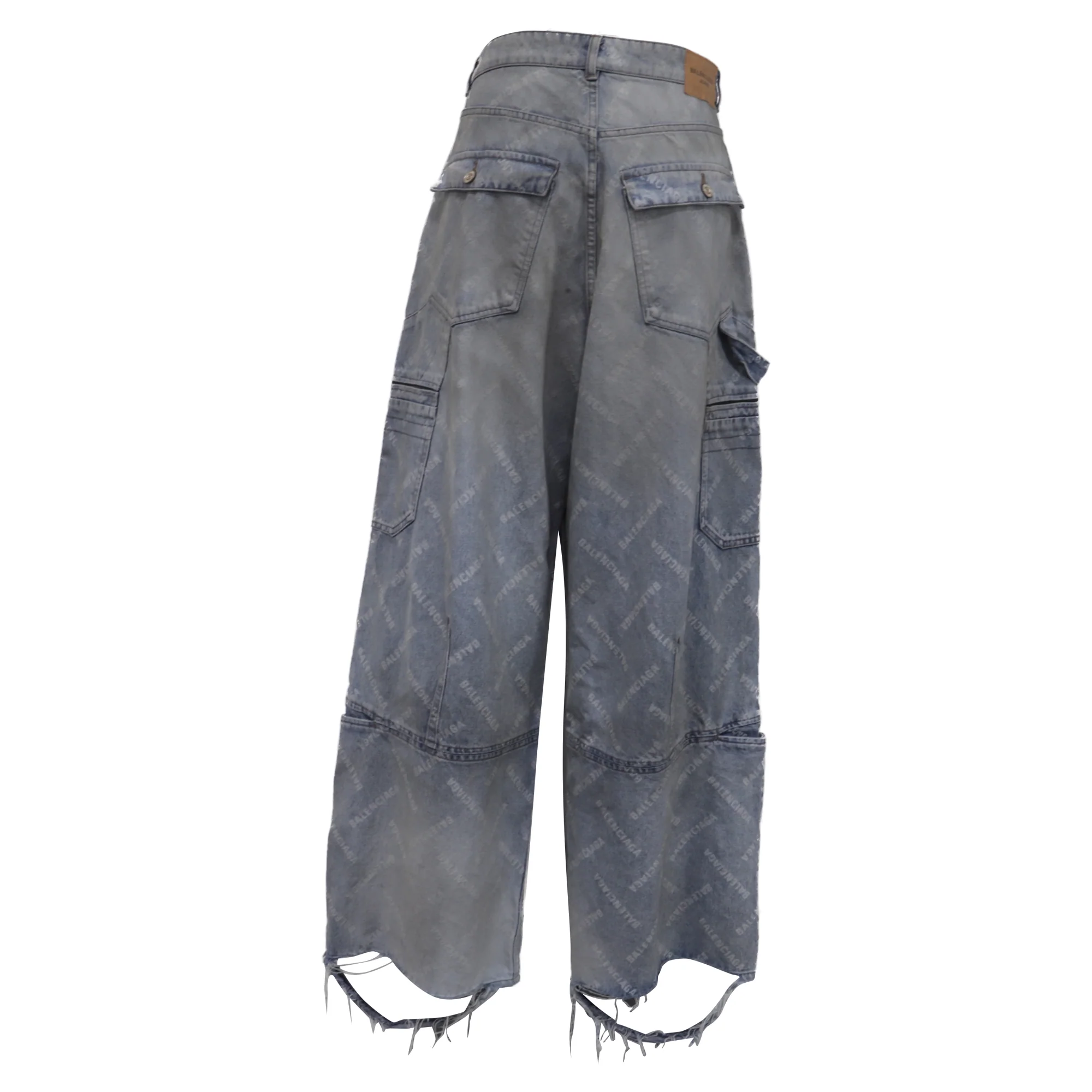 Women's Balenciaga Distressed All Over Brand Wide-Leg Jeans in Blue Cotton - Image 3