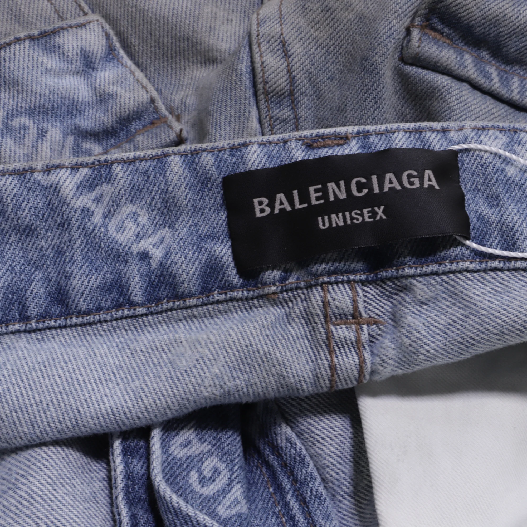 Women's Balenciaga Distressed All Over Brand Wide-Leg Jeans in Blue Cotton - Image 4