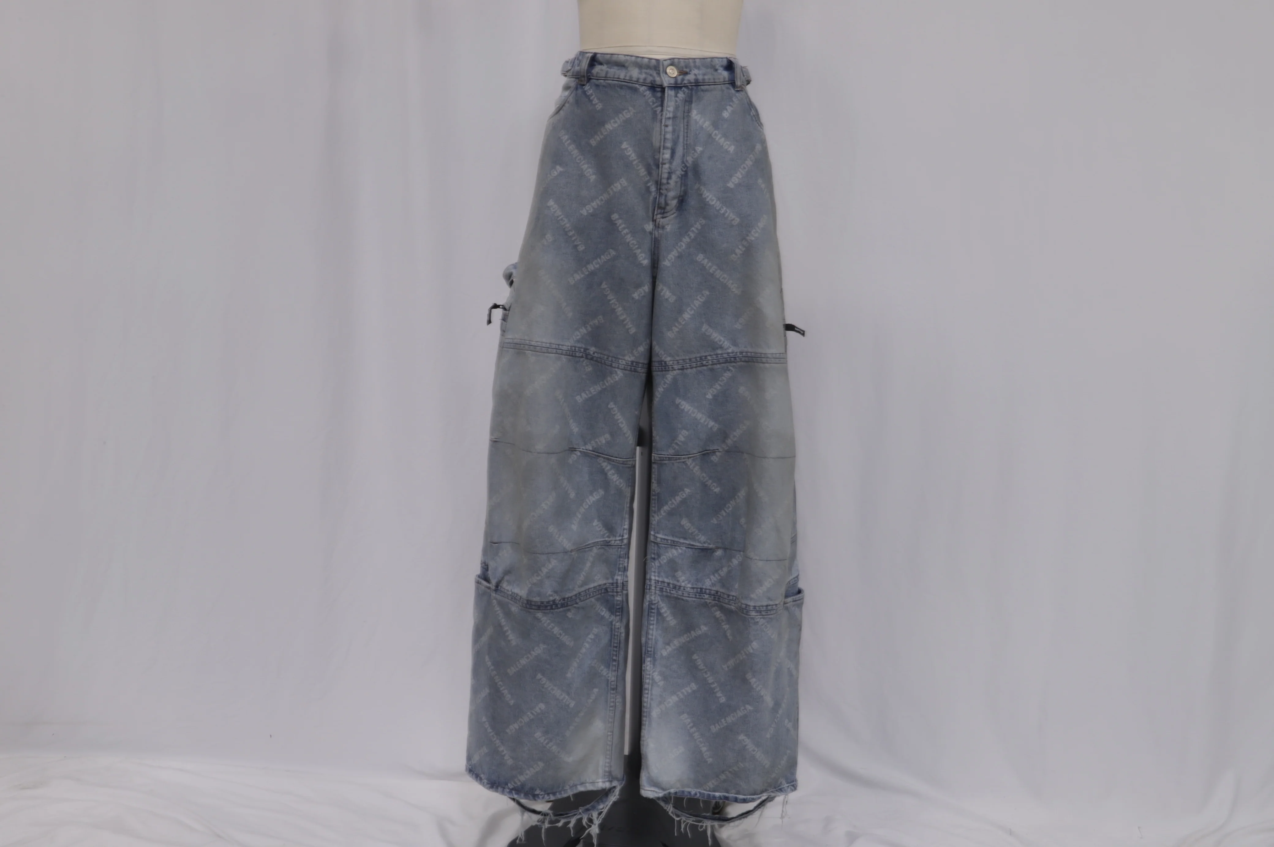 Women's Balenciaga Distressed All Over Brand Wide-Leg Jeans in Blue Cotton - Image 7