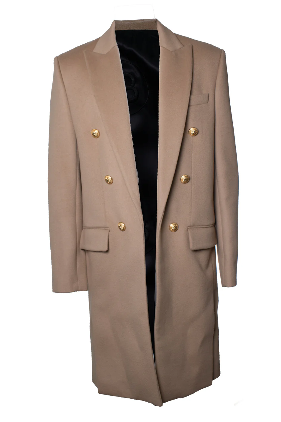 Men's Balmain, beige wool overcoat with gold buttons
