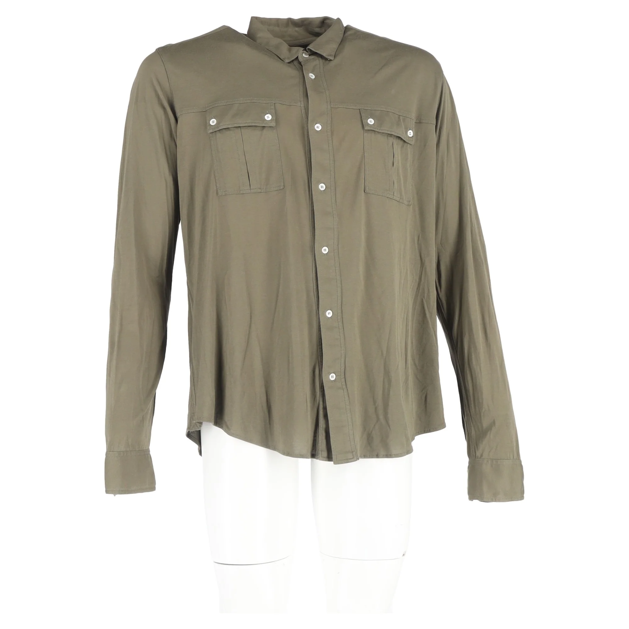Men's Balmain Button-Down Long Sleeve Shirt in Olive Cotton - Image 4