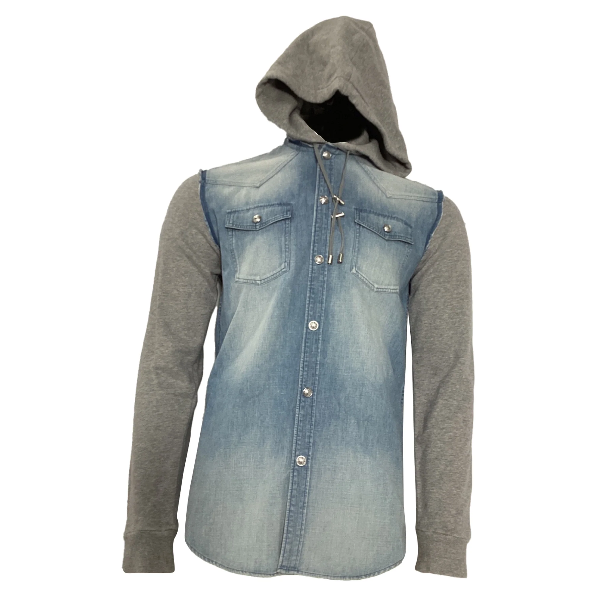 Men's Balmain Hooded Jacket in Blue Denim and Grey Cotton