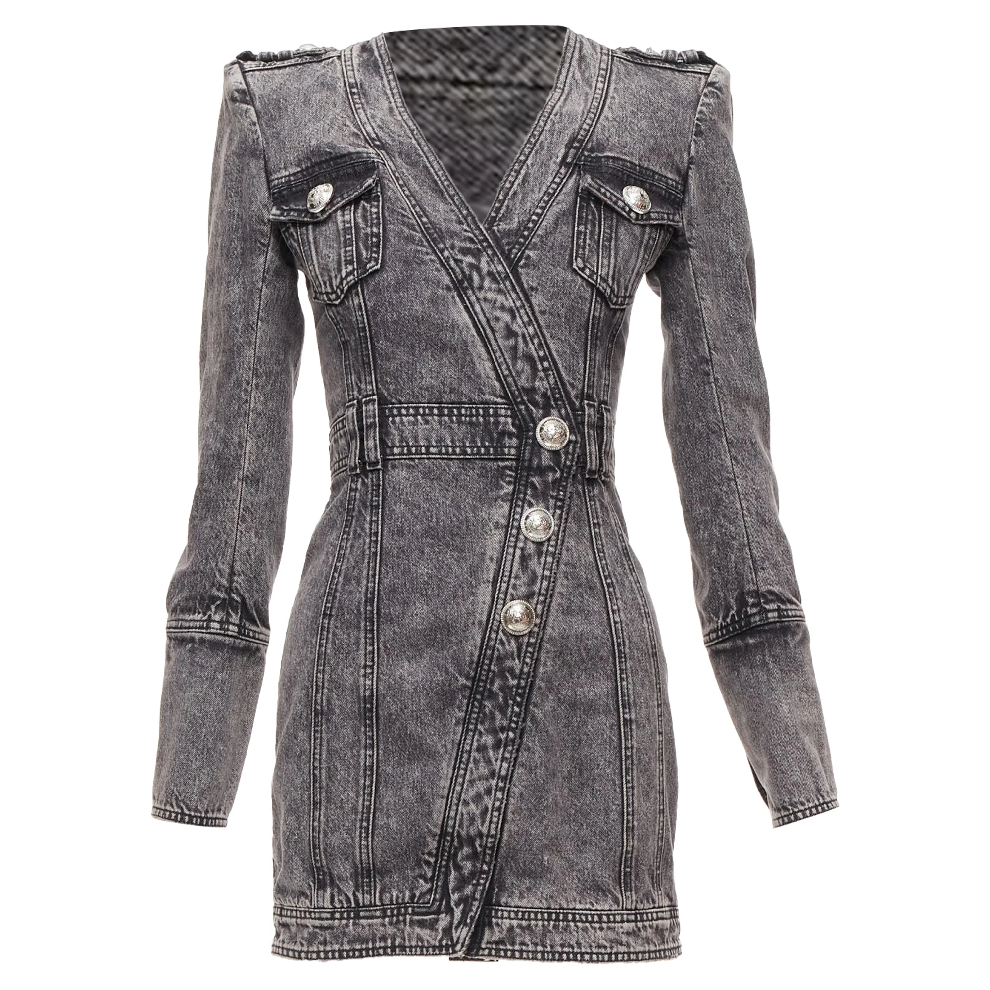 Women's Balmain acid washed denim button embellished wrapped mini dress