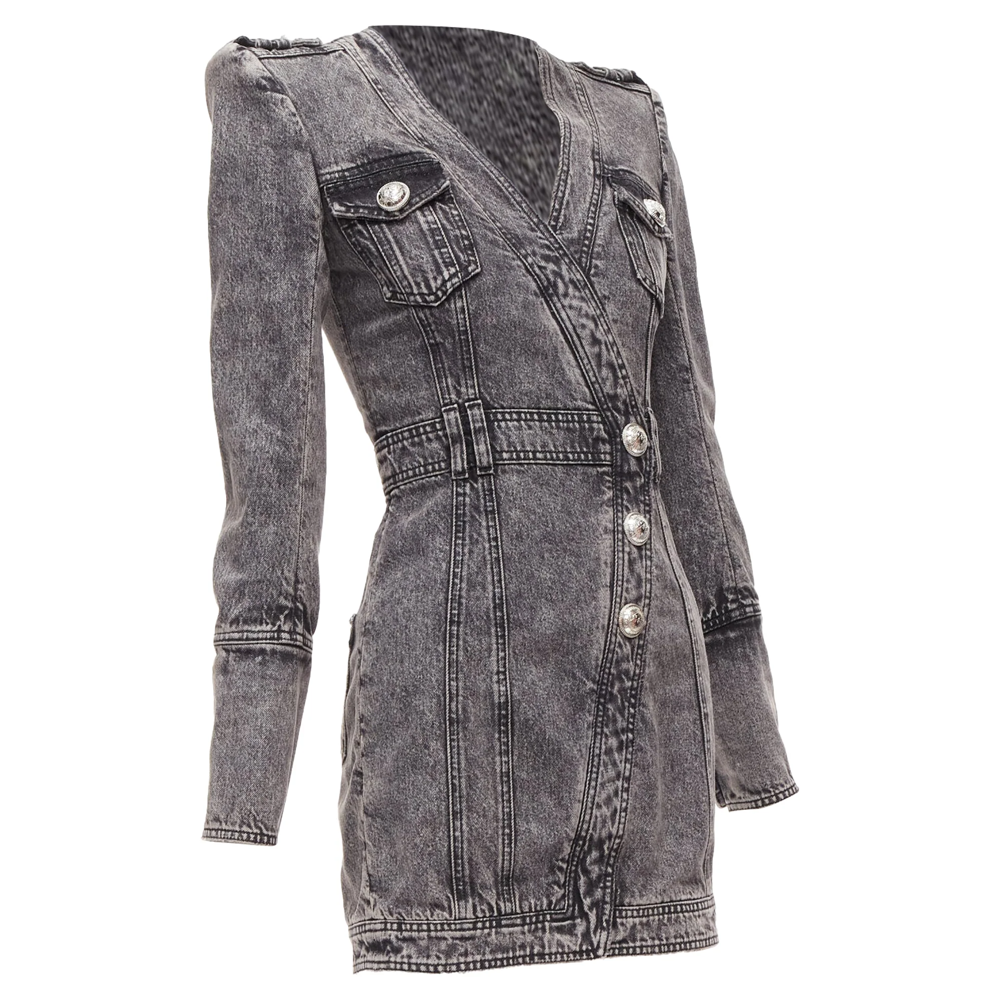 Women's Balmain acid washed denim button embellished wrapped mini dress - Image 3
