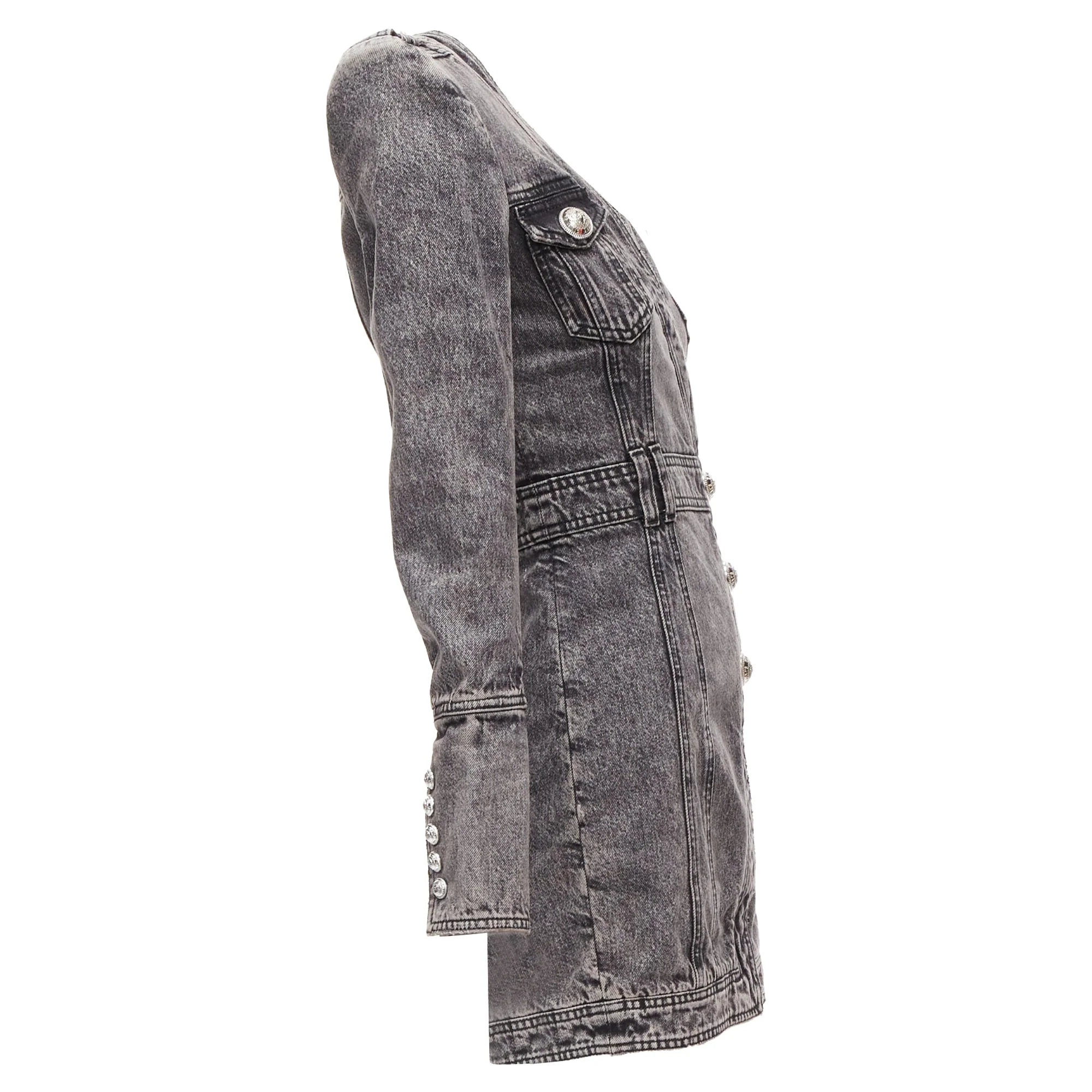 Women's Balmain acid washed denim button embellished wrapped mini dress - Image 4