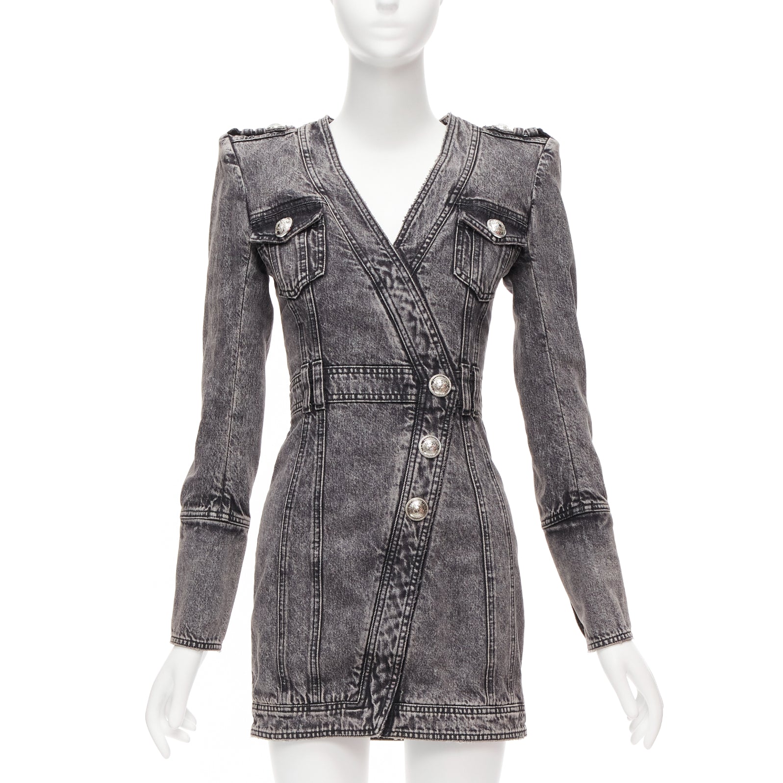 Women's Balmain acid washed denim button embellished wrapped mini dress - Image 7