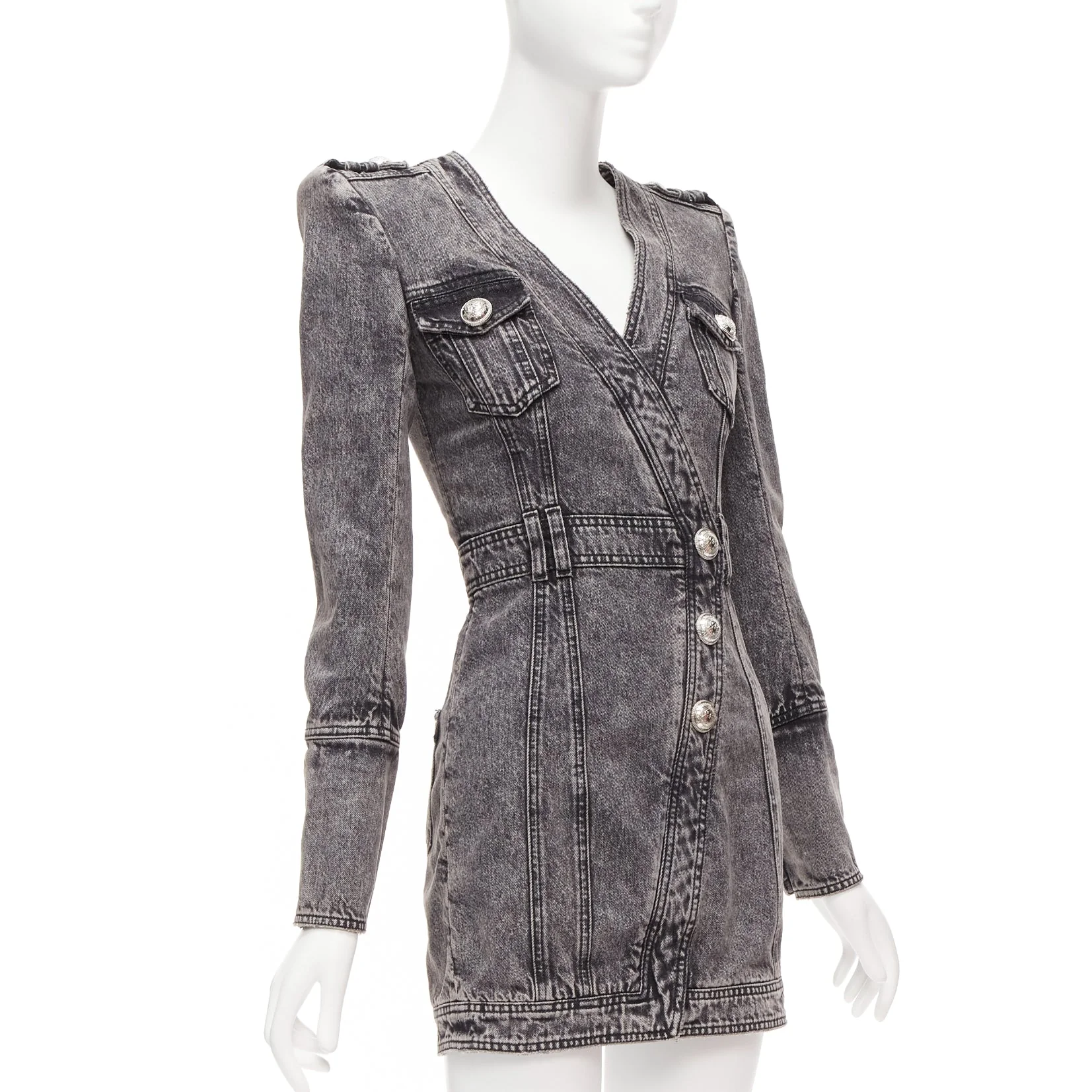 Women's Balmain acid washed denim button embellished wrapped mini dress - Image 9