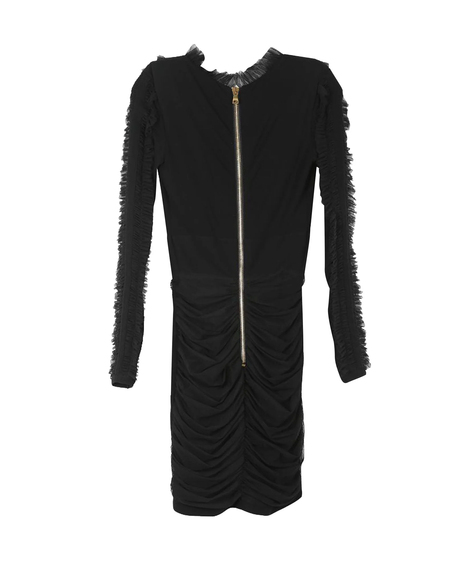 Women's Balmain Black Viscose With Ruffled Tulle Trims V-Neck Long Sleeves Mini Dress