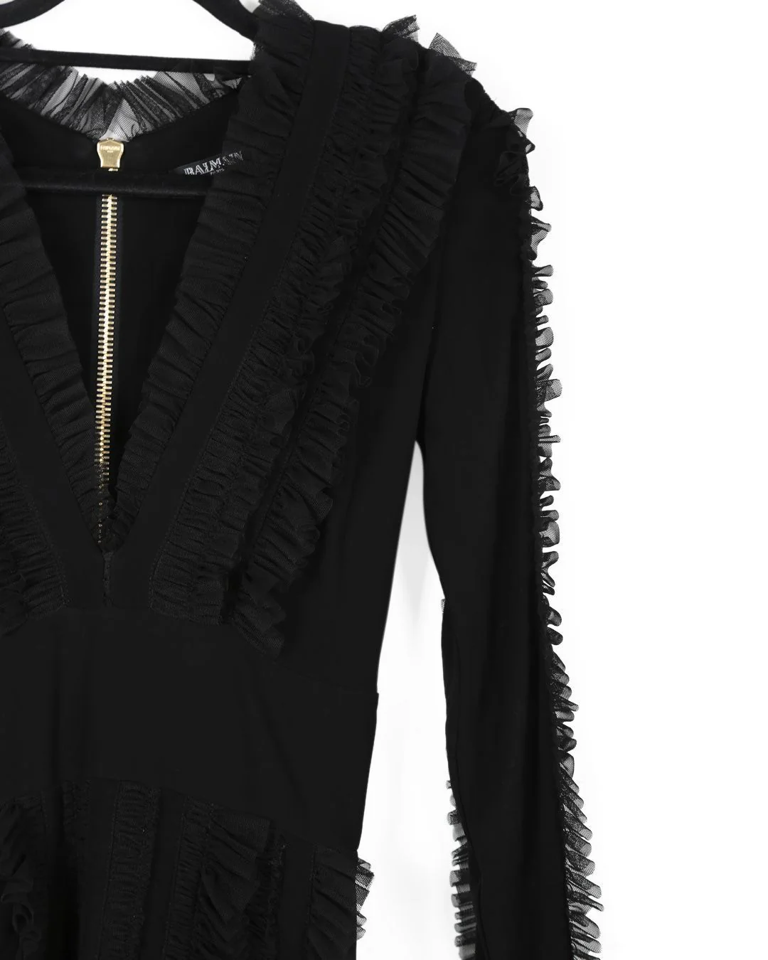 Women's Balmain Black Viscose With Ruffled Tulle Trims V-Neck Long Sleeves Mini Dress - Image 4