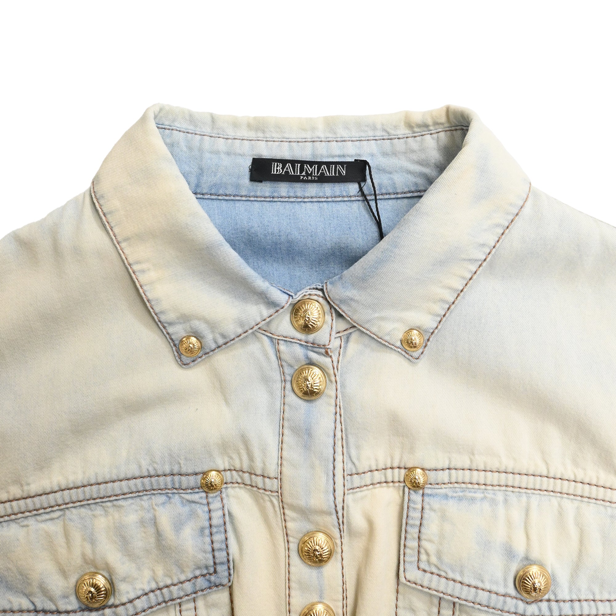 Women's Balmain Bleached Denim Shirt in Light Blue Cotton - Image 5