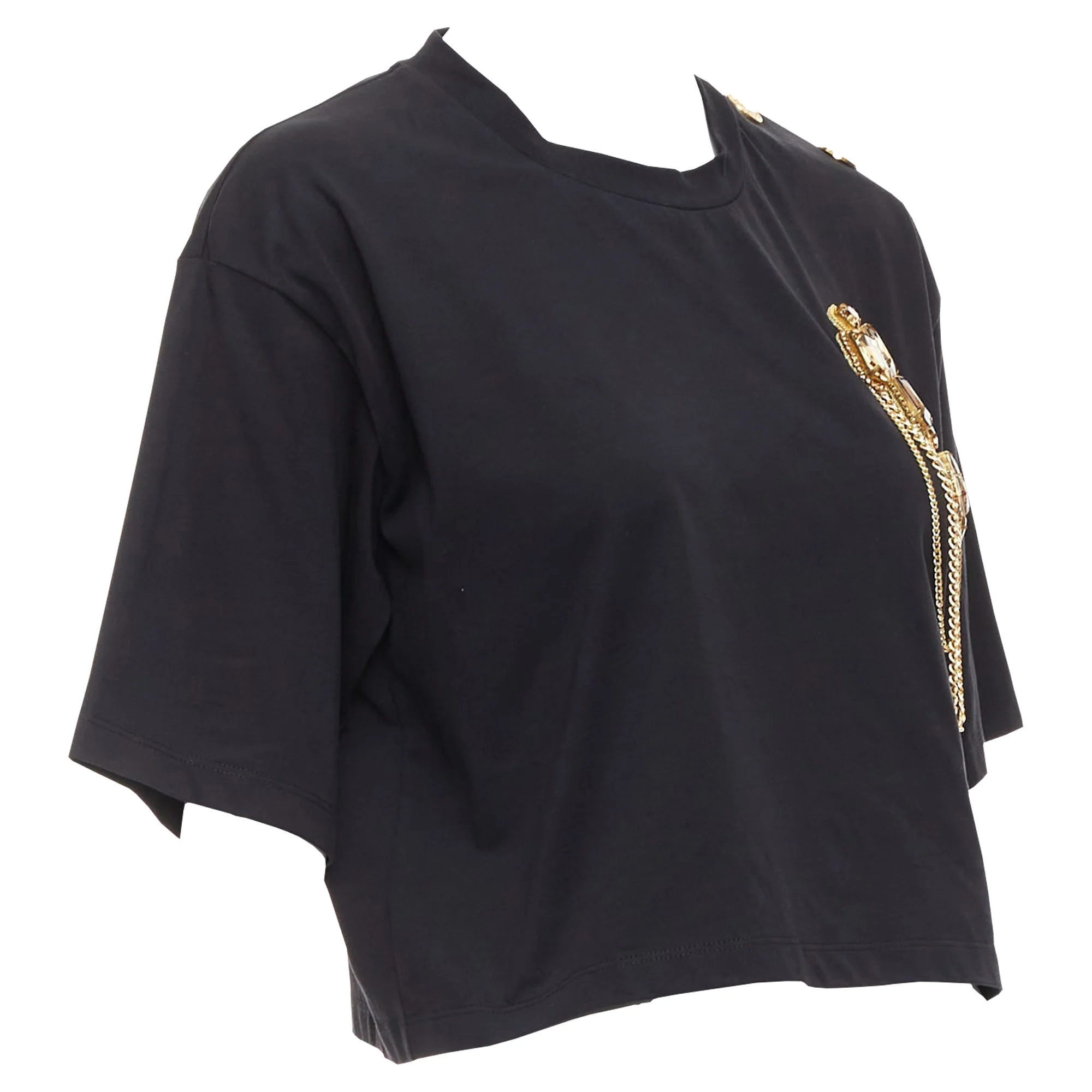 Women's Balmain buttons chain embellished brooch cotton crop tshirt - Image 3