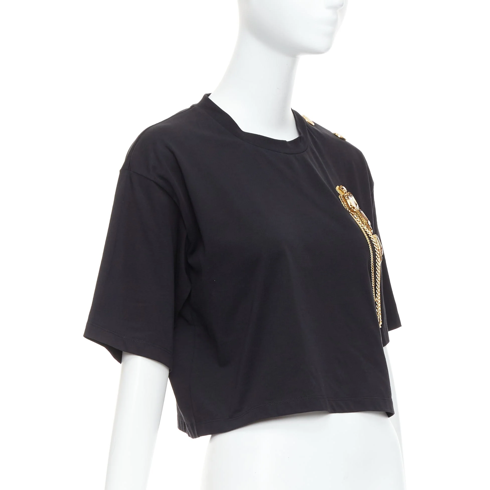 Women's Balmain buttons chain embellished brooch cotton crop tshirt - Image 9
