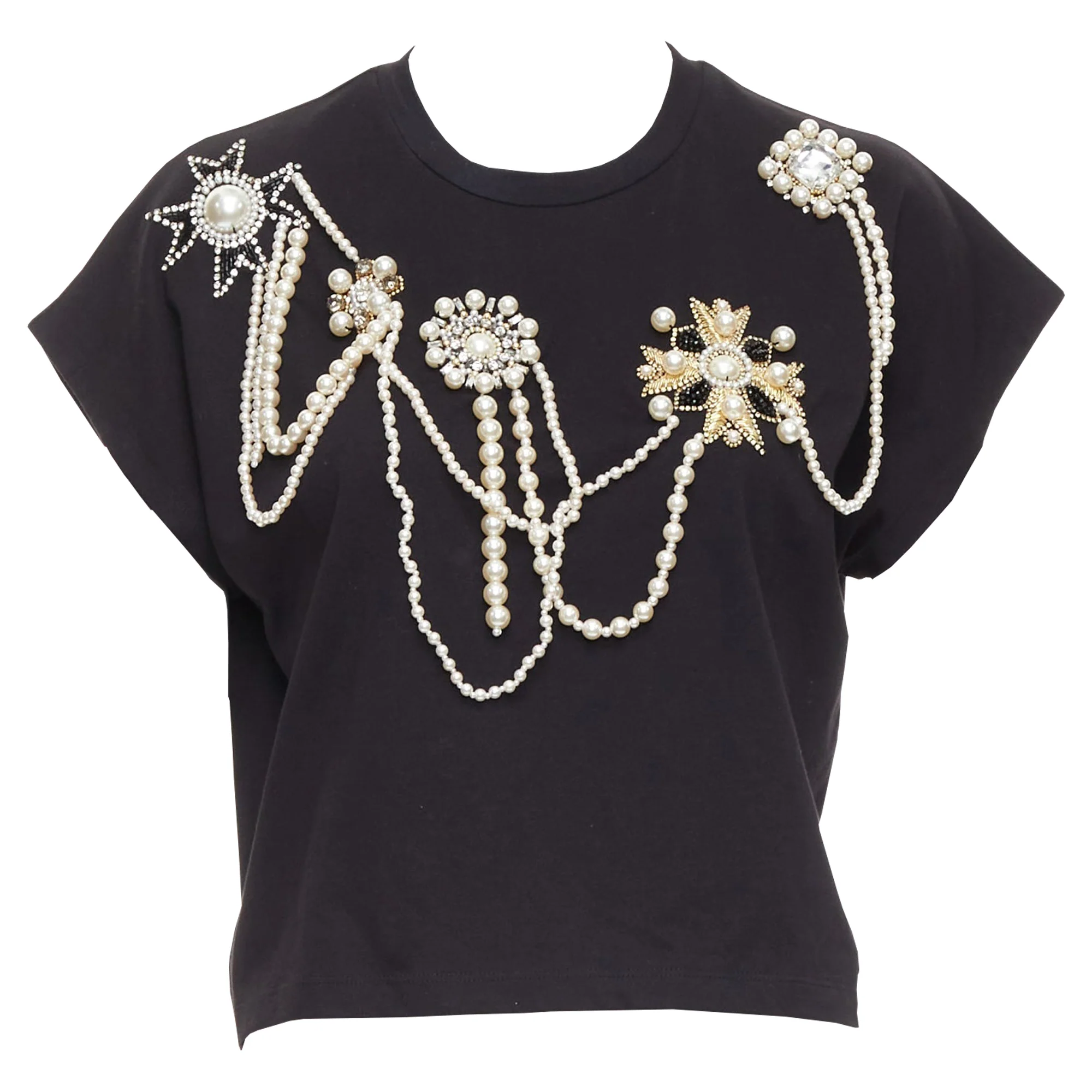 Women's Balmain cotton pearl bead embellished crop tshirt