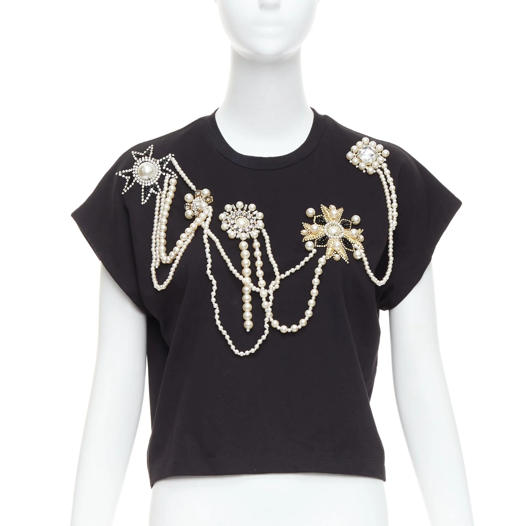 Women's Balmain cotton pearl bead embellished crop tshirt - Image 7