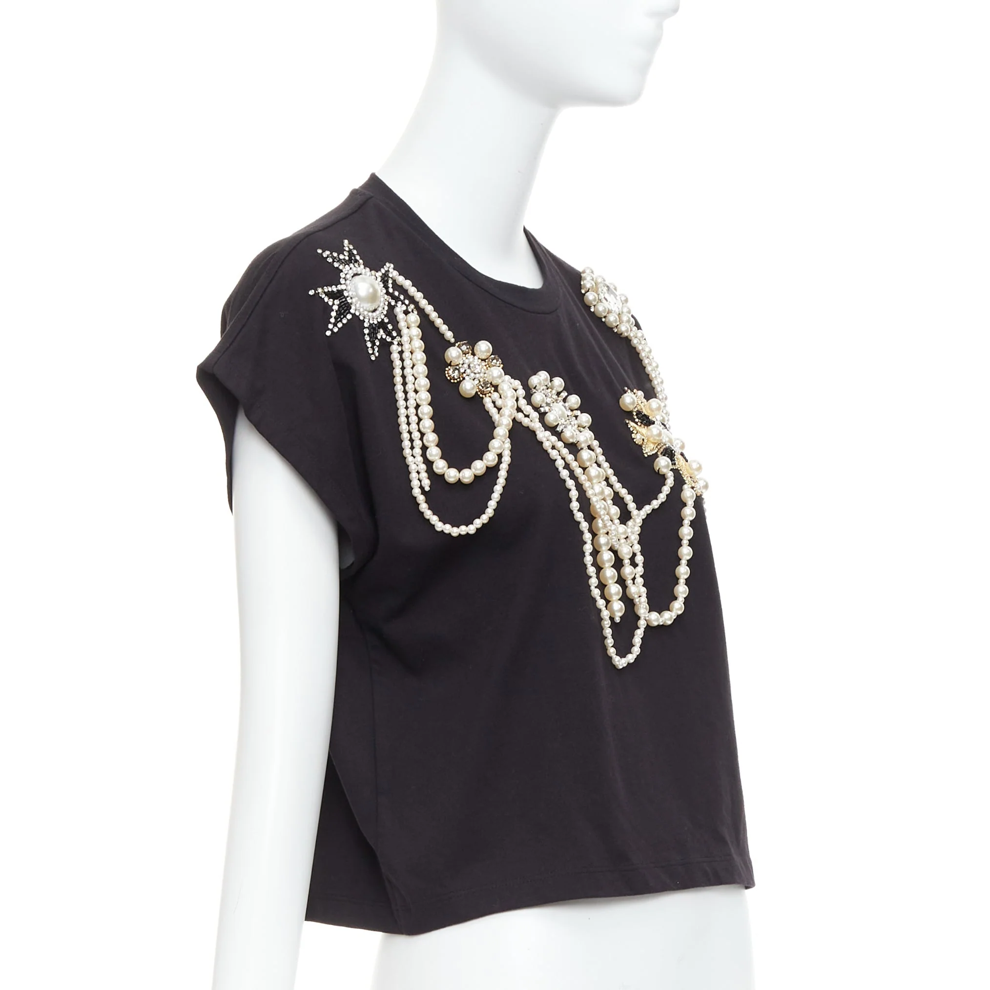 Women's Balmain cotton pearl bead embellished crop tshirt - Image 9