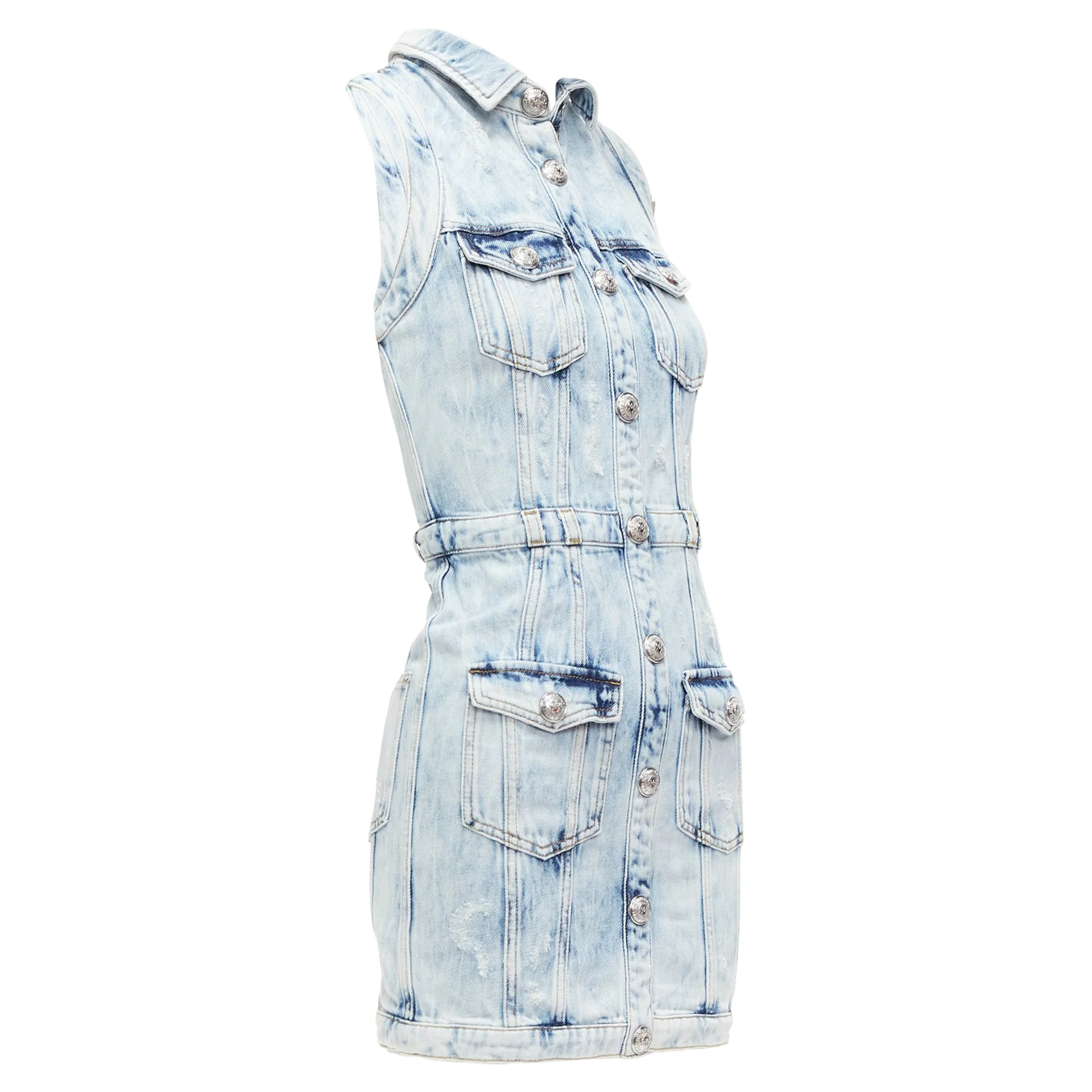 Women's Balmain Distressed Denim Silver Buttons 4 Pocket Fitted Dress - Image 3