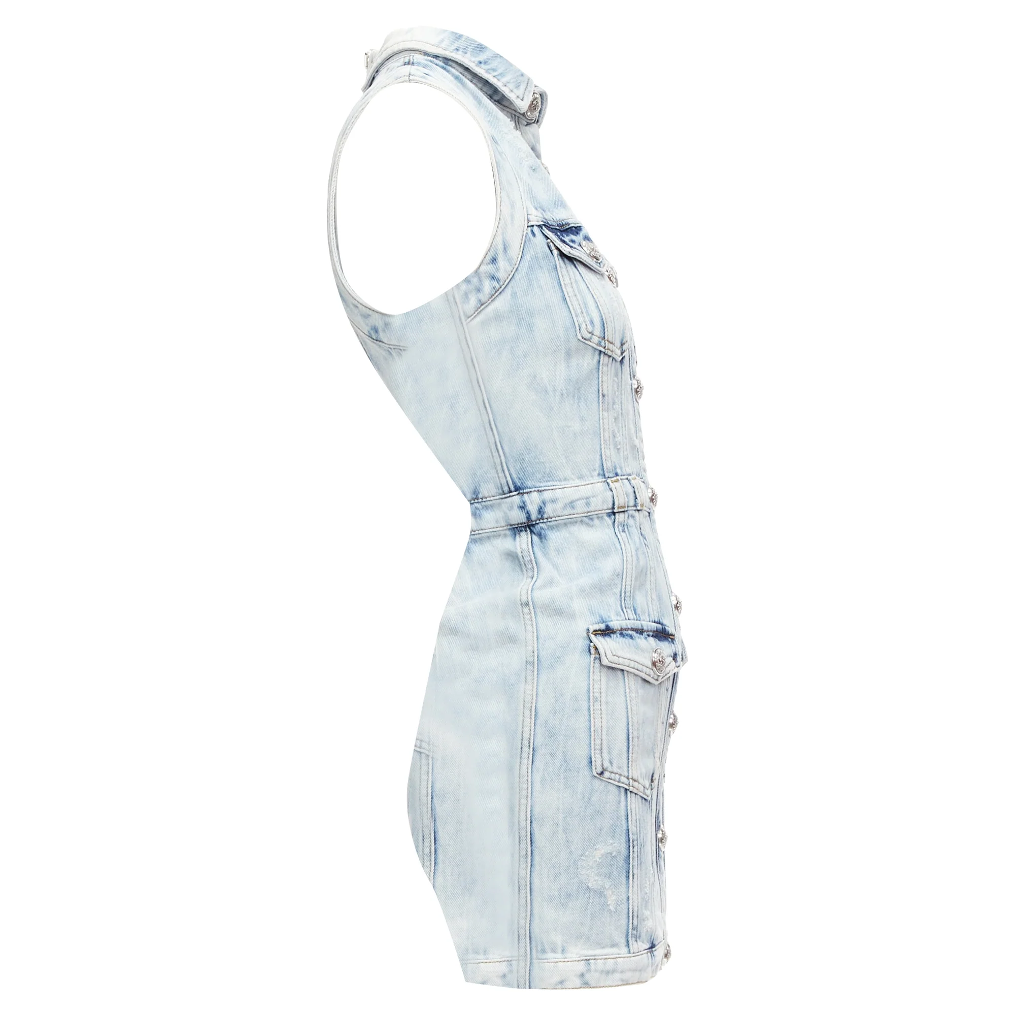Women's Balmain Distressed Denim Silver Buttons 4 Pocket Fitted Dress - Image 4