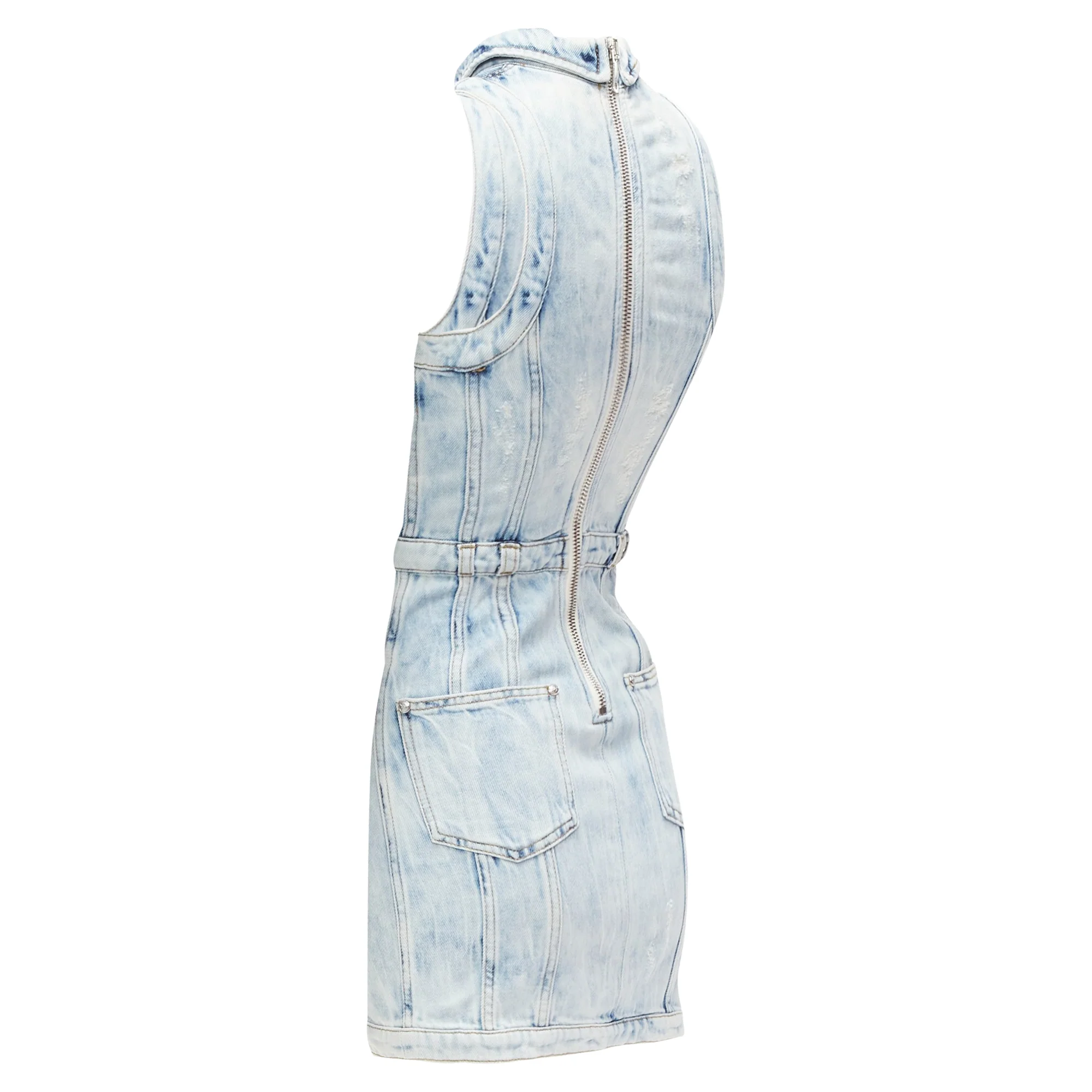 Women's Balmain Distressed Denim Silver Buttons 4 Pocket Fitted Dress - Image 6