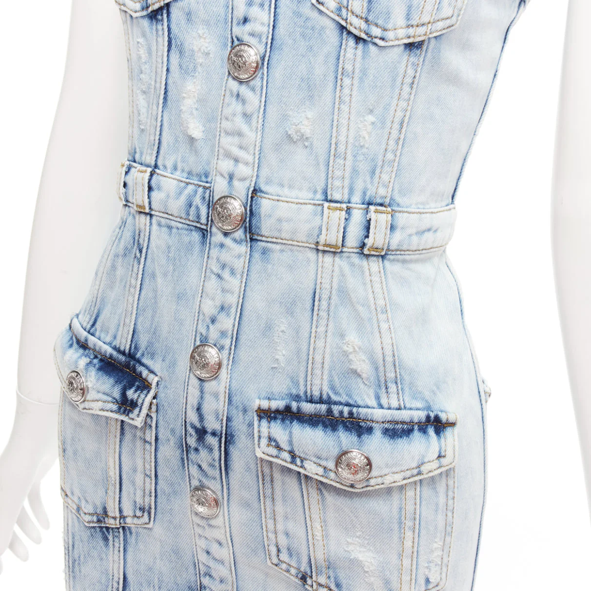 Women's Balmain Distressed Denim Silver Buttons 4 Pocket Fitted Dress - Image 8