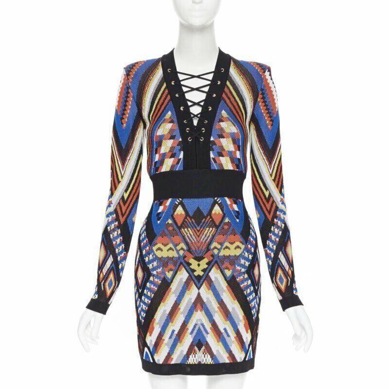 Women's Balmain ethnic tribal knitted lace V-neck bodycon mini dress - Image 7