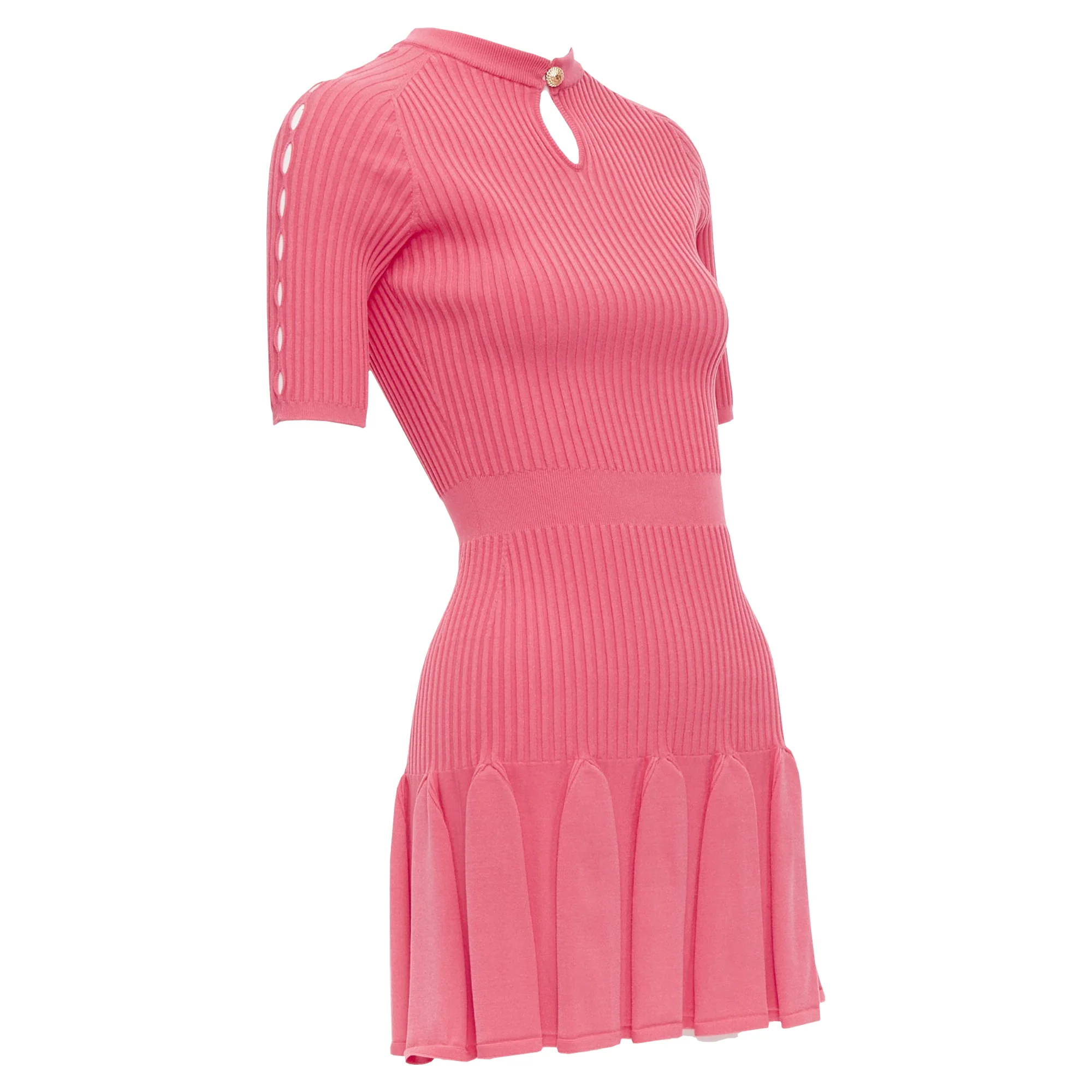 Women's Balmain keyhole neck ribbed flutter skirt mini dress - Image 3