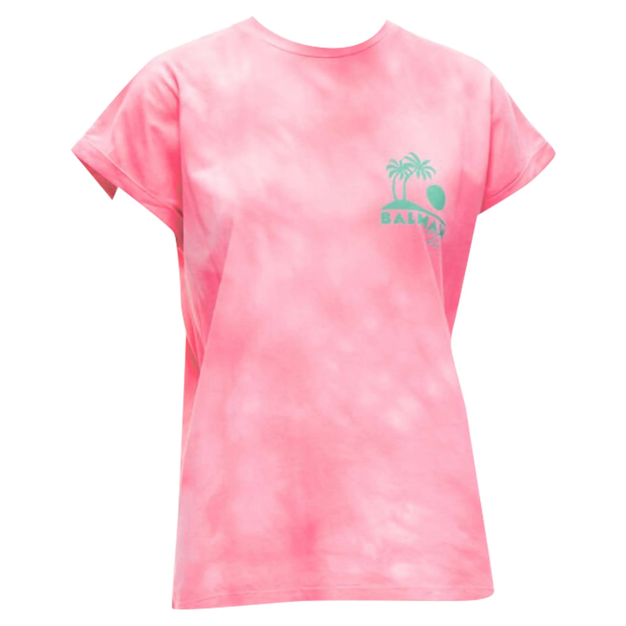 Women's Balmain palm tree logo tie dye crew neck cap sleeve t-shirt top
