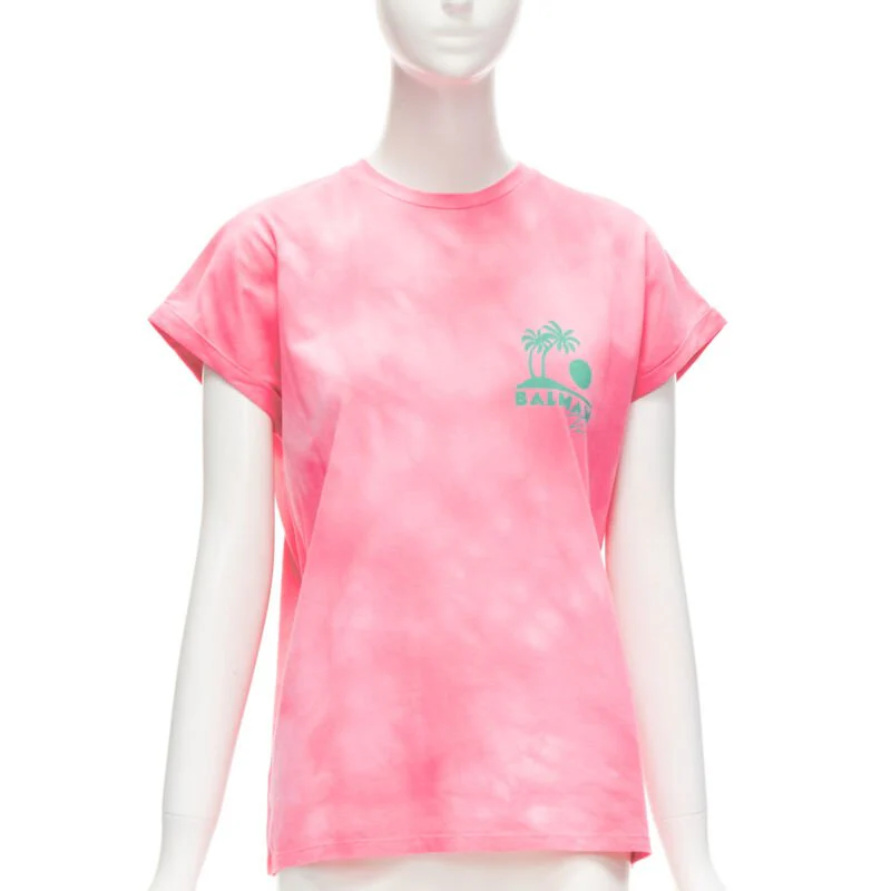 Women's Balmain palm tree logo tie dye crew neck cap sleeve t-shirt top - Image 7