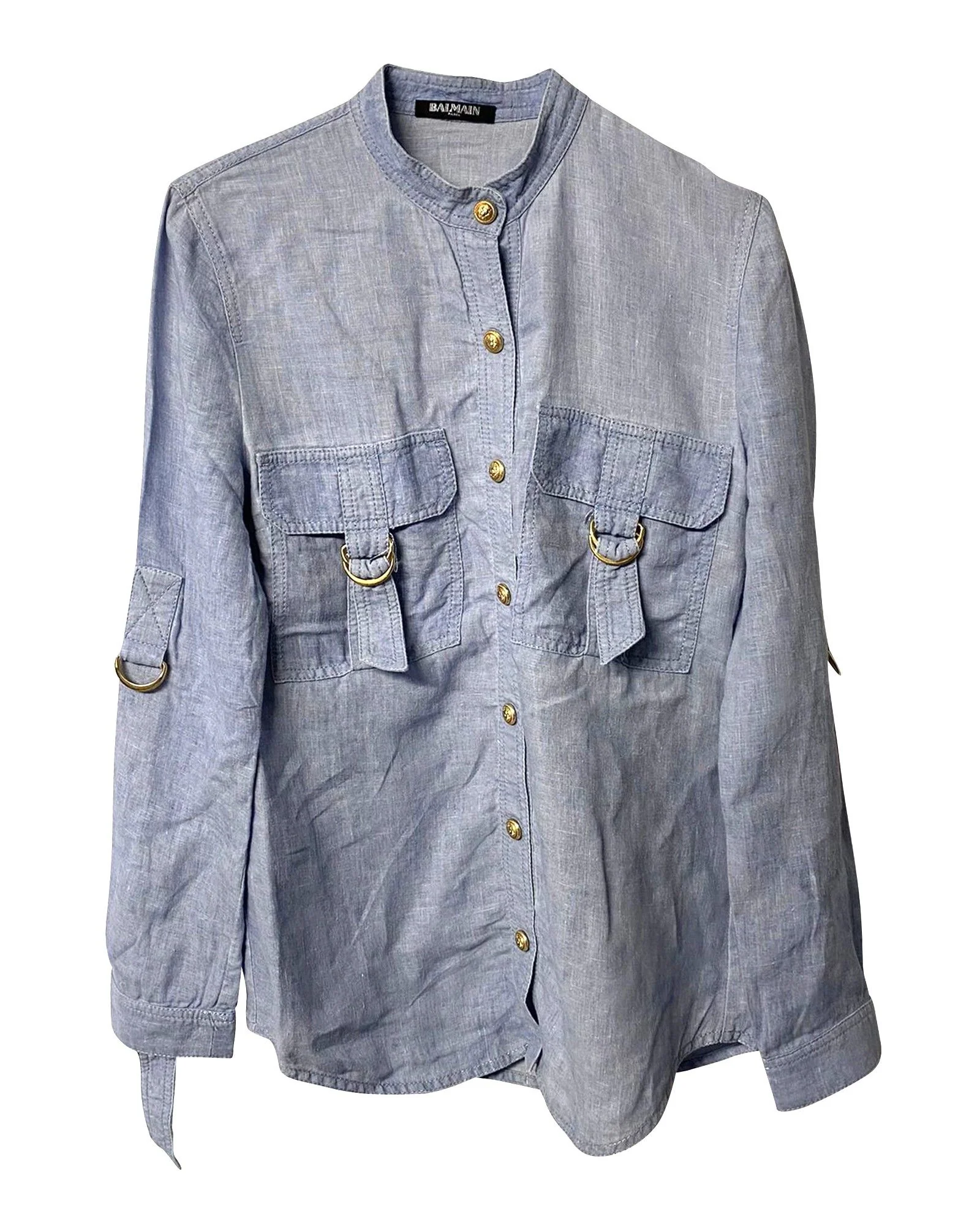 Women's Balmain Shirt with Adjustable Sleeves with Pockets in Blue Linen - Image 2