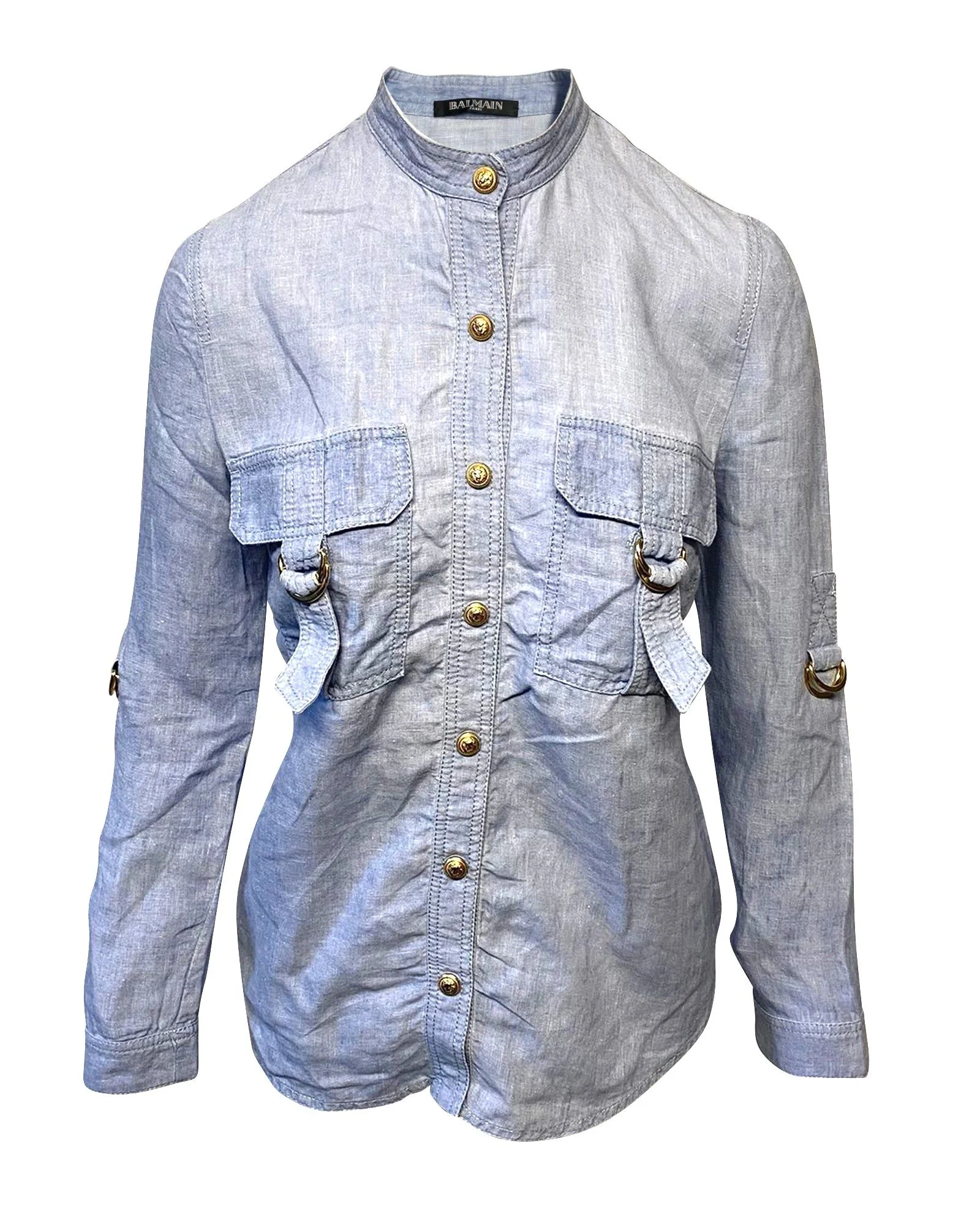 Women's Balmain Shirt with Adjustable Sleeves with Pockets in Blue Linen - Image 5