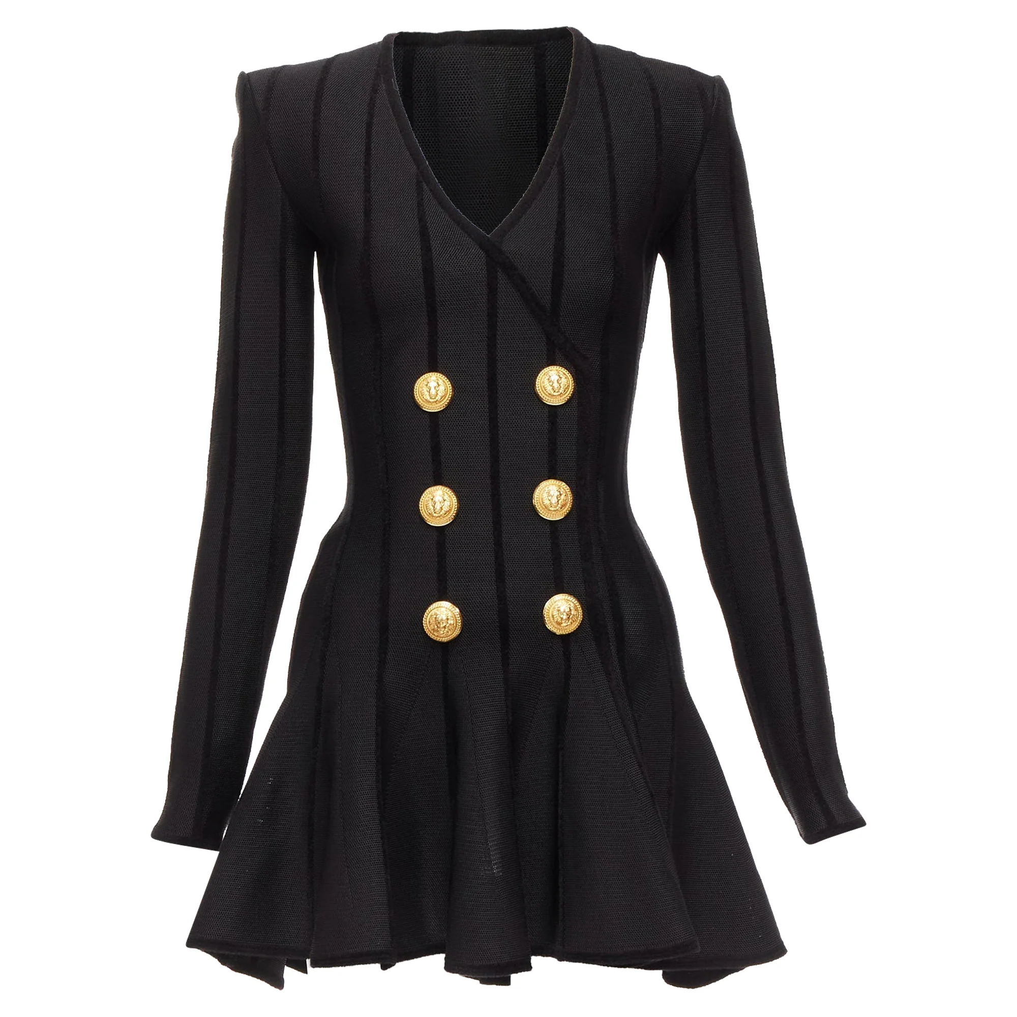 Women's Balmain Striped Chenille Gold Lion Button Mesh Mini Dress