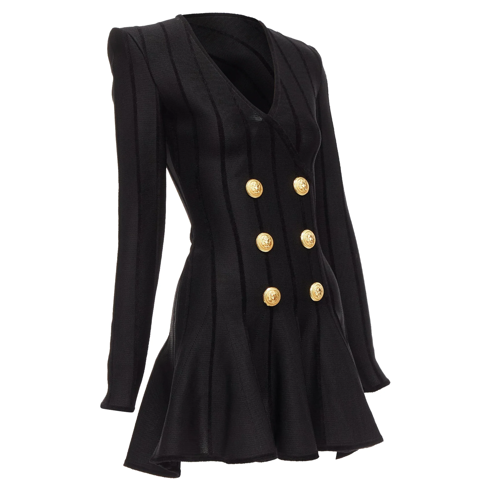 Women's Balmain Striped Chenille Gold Lion Button Mesh Mini Dress - Image 3