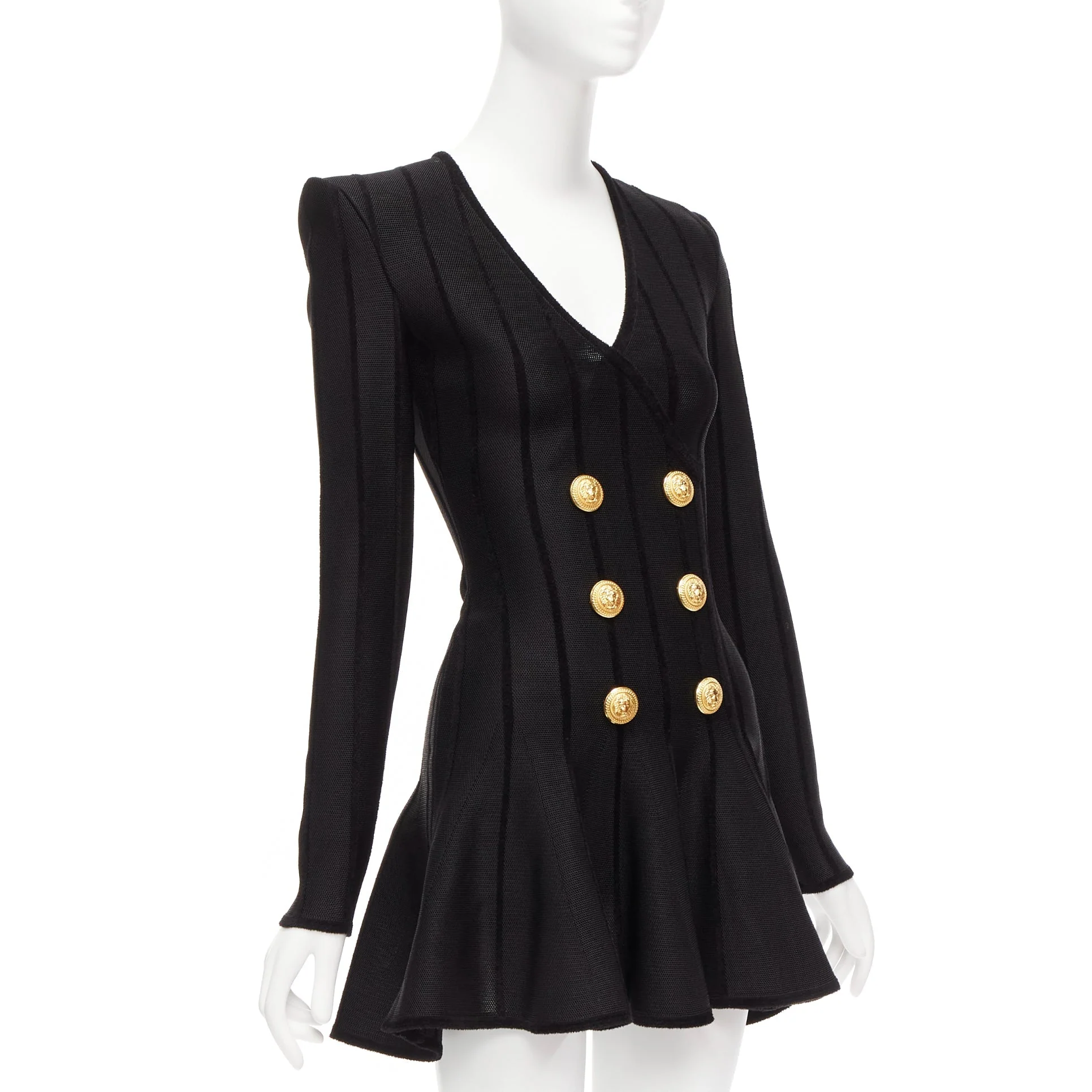Women's Balmain Striped Chenille Gold Lion Button Mesh Mini Dress - Image 9