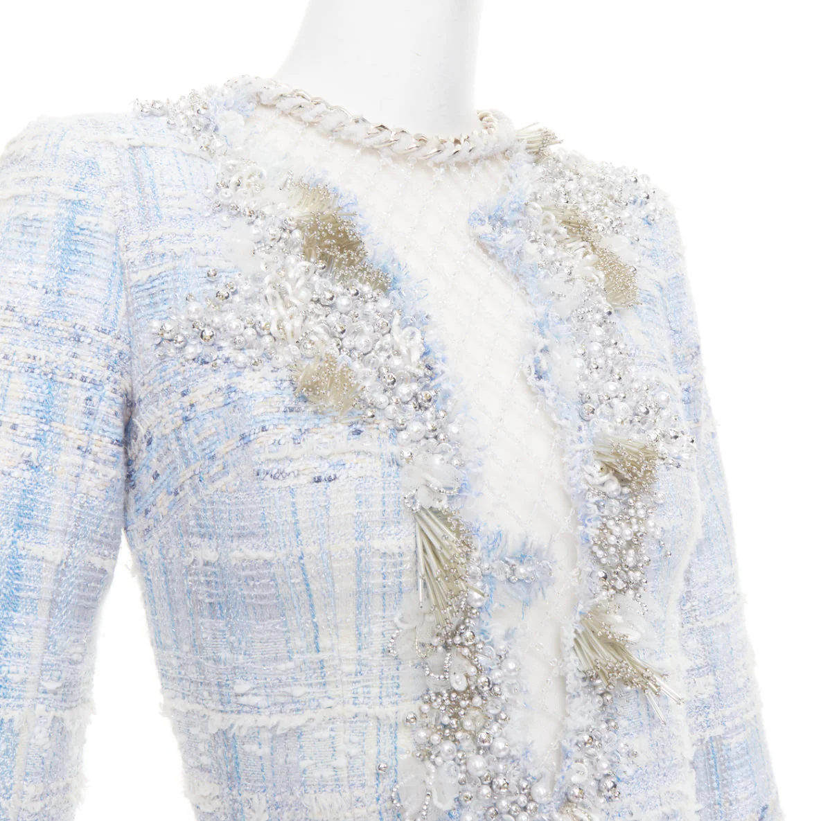 Women's rare BALMAIN blue white tweed pearl bead embellished plunge mesh dress FR34 XS - Image 2