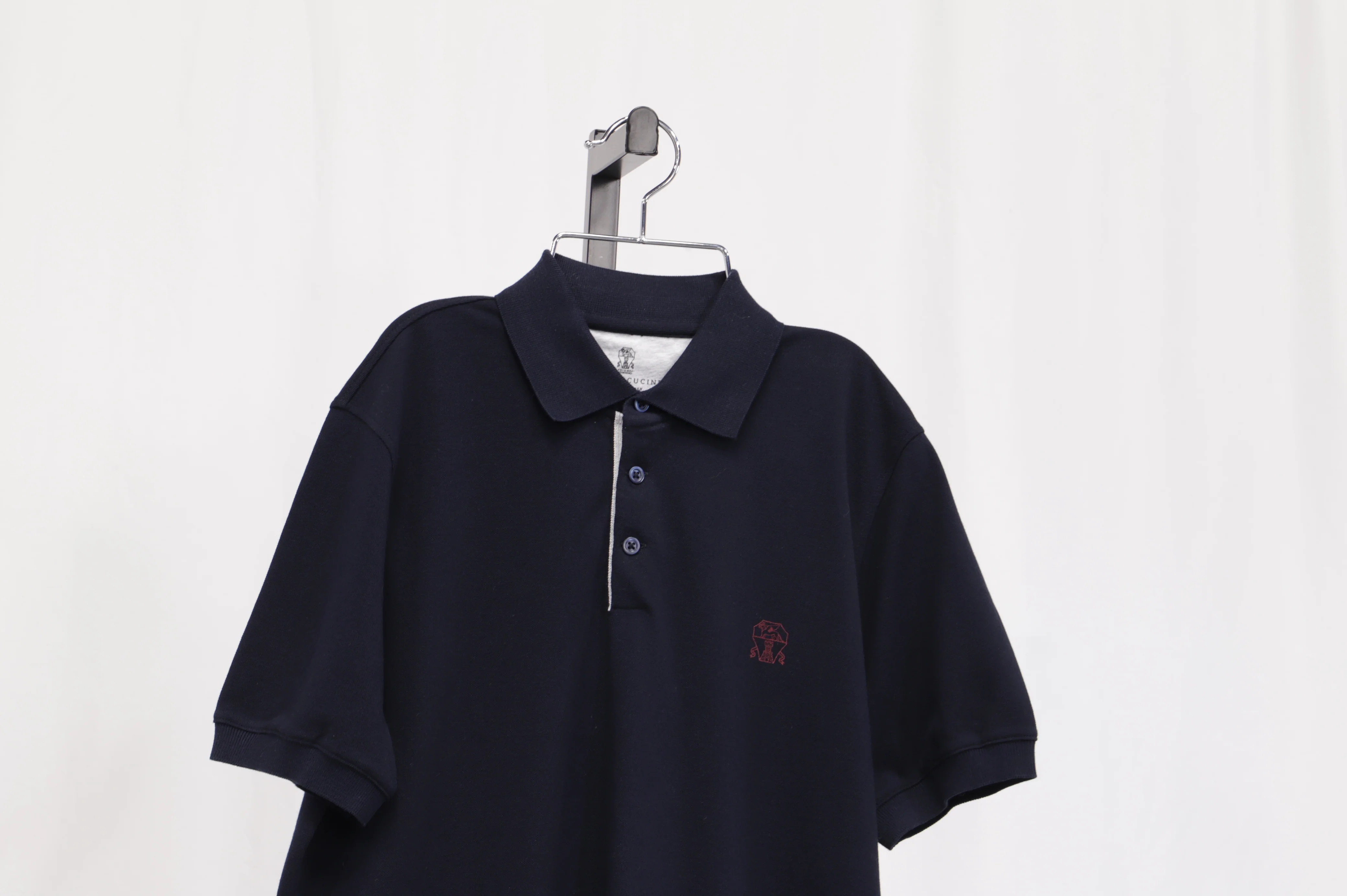 Men's Brunello Cucinelli Logo Embroidered Polo Shirt in Navy Blue Cotton - Image 7