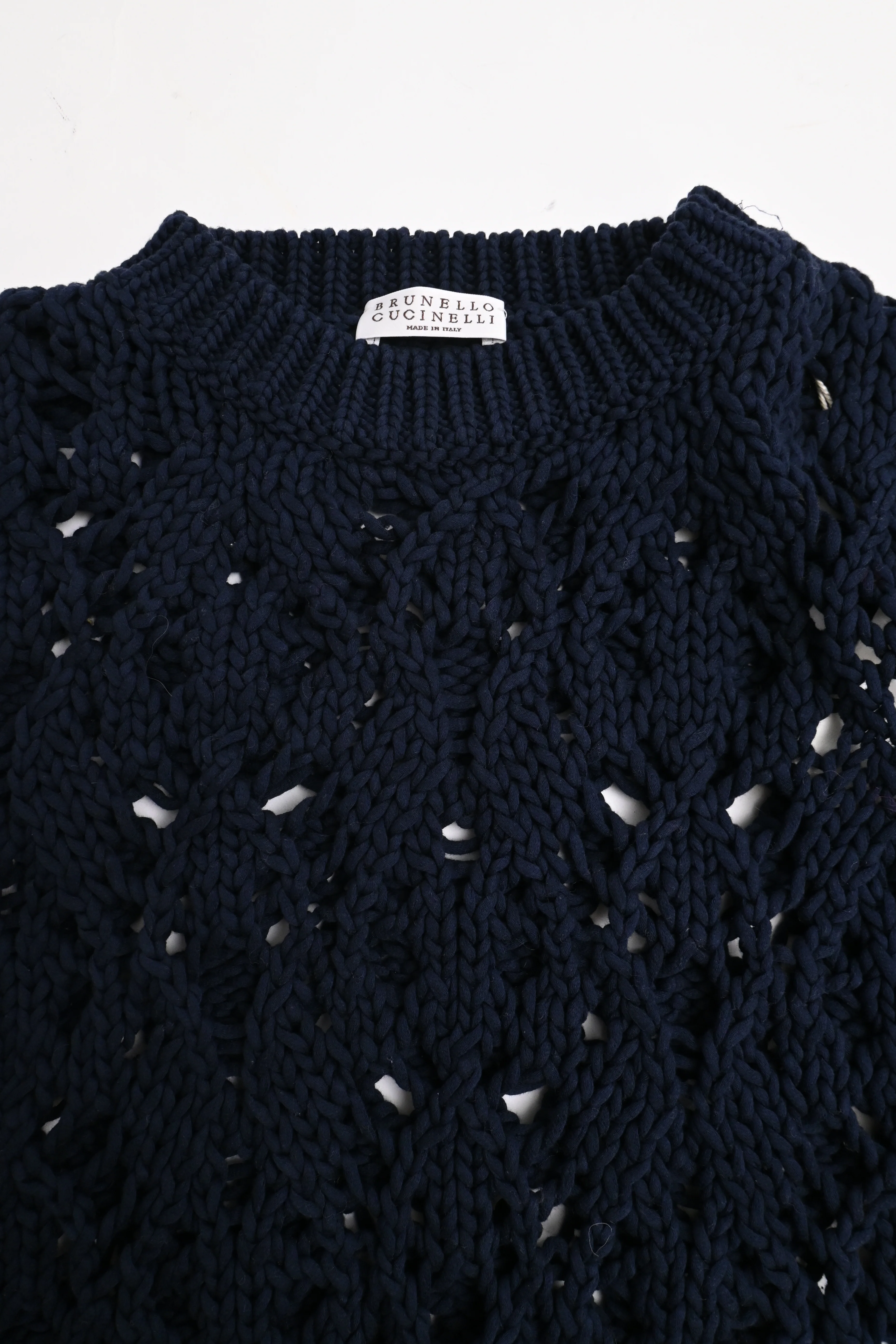 Women's Brunello Cucinelli Knitted Short Sleeve Sweater in Navy Blue Cotton - Image 9