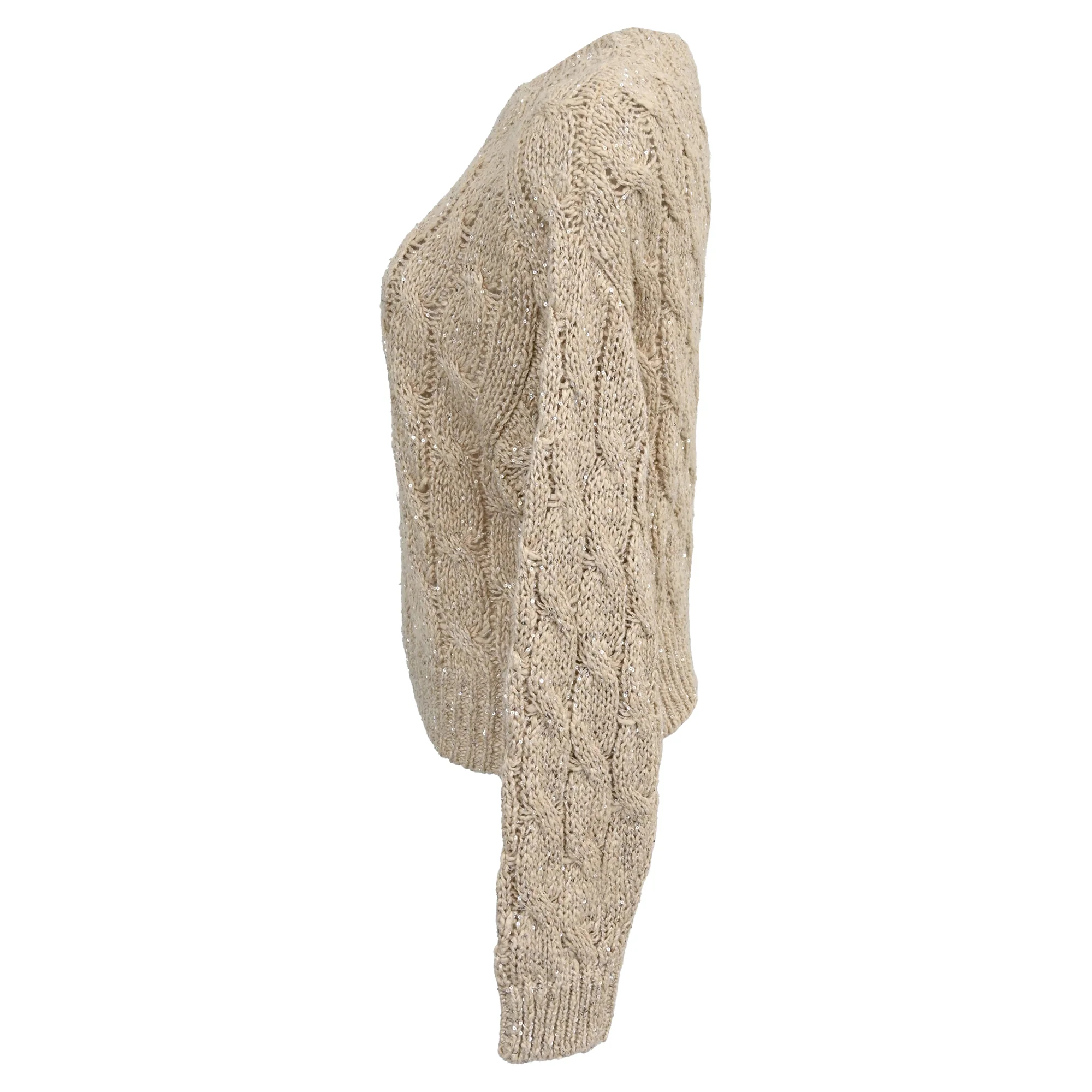 Women's Brunello Cucinelli Sequin Cable Knit Sweater in Beige Silk & Linen - Image 2