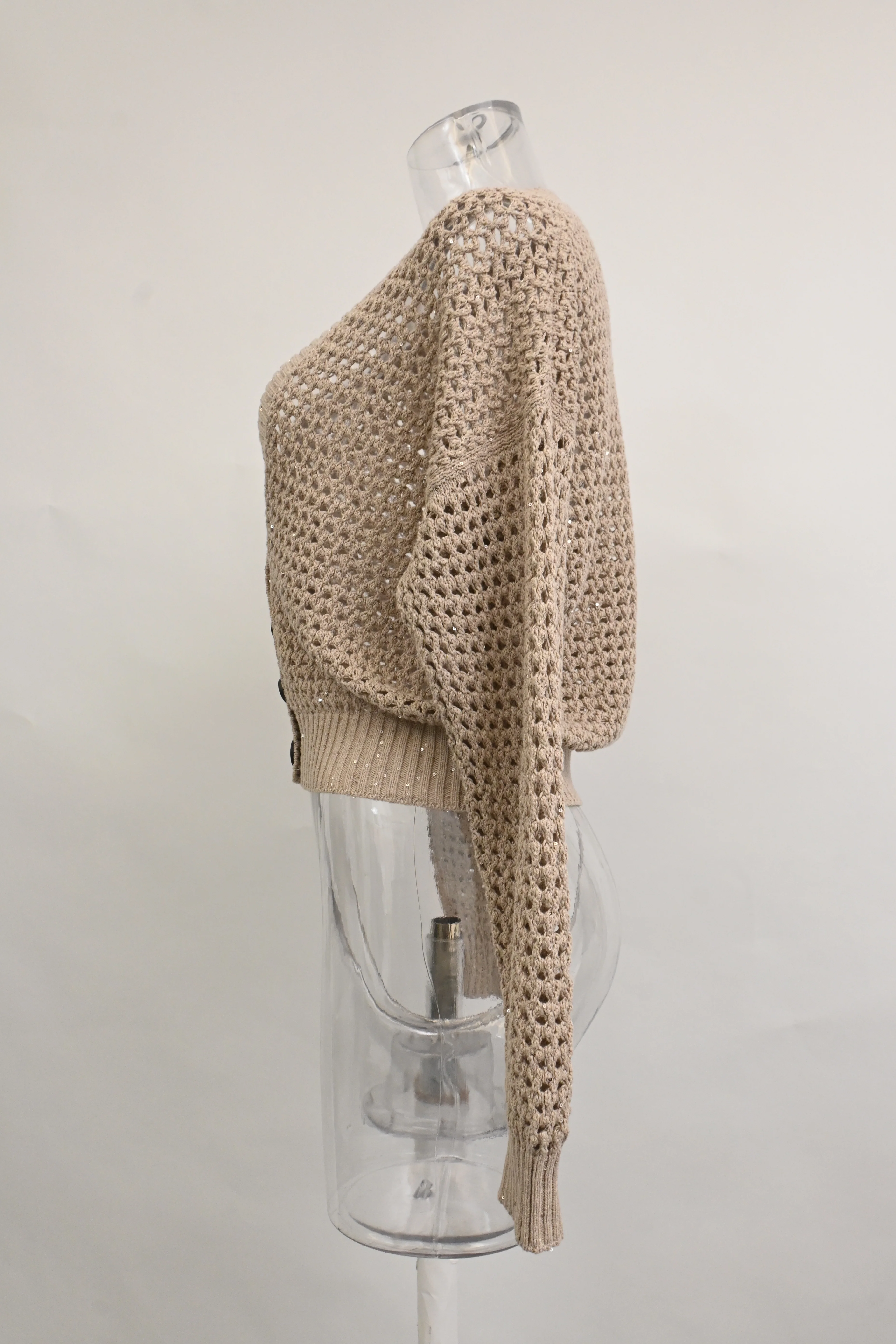Women's  Brunello Cucinelli Sequined Knitted Cardigan in Beige Cotton - Image 7
