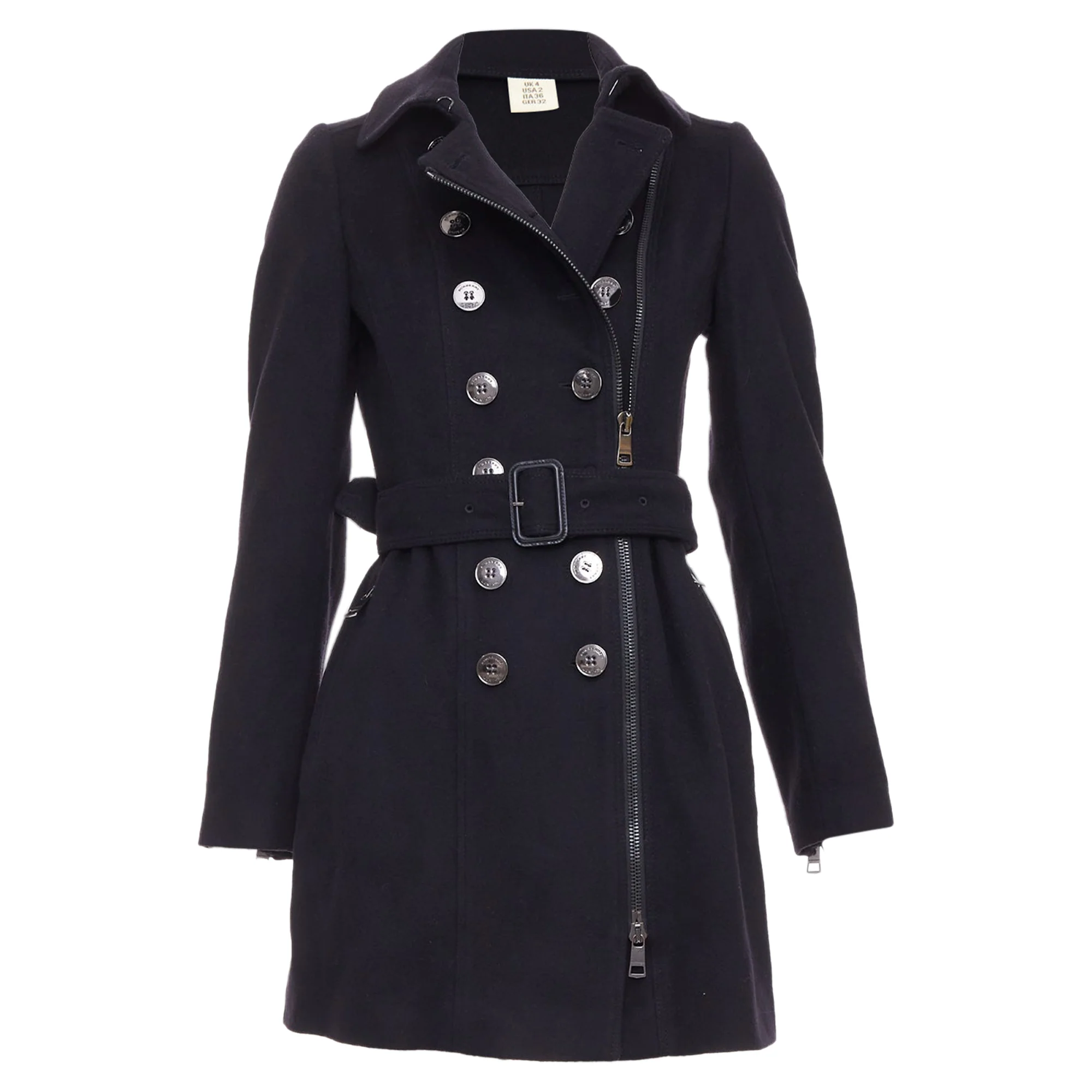 Women's BURBERRY black virgin wool cashmere asymmetric zip belted trench coat UK4 XXS