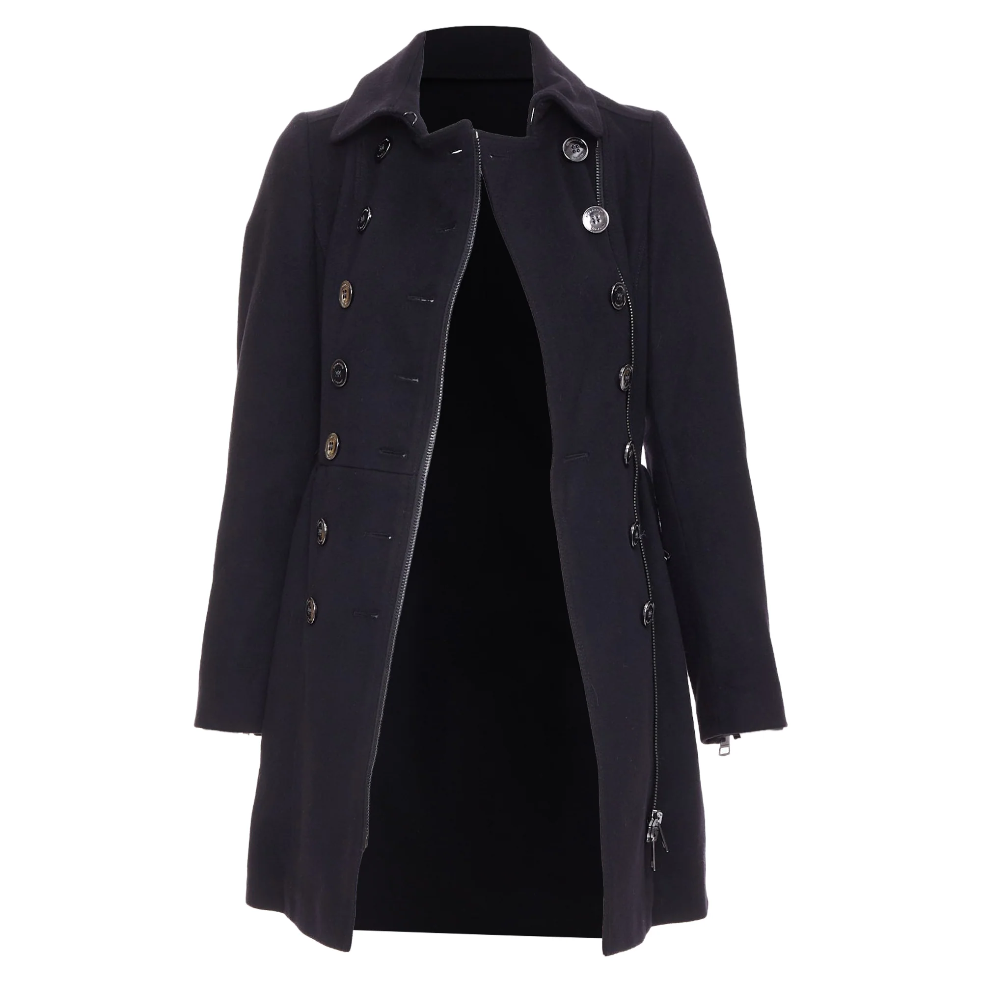Women's BURBERRY black virgin wool cashmere asymmetric zip belted trench coat UK4 XXS - Image 3