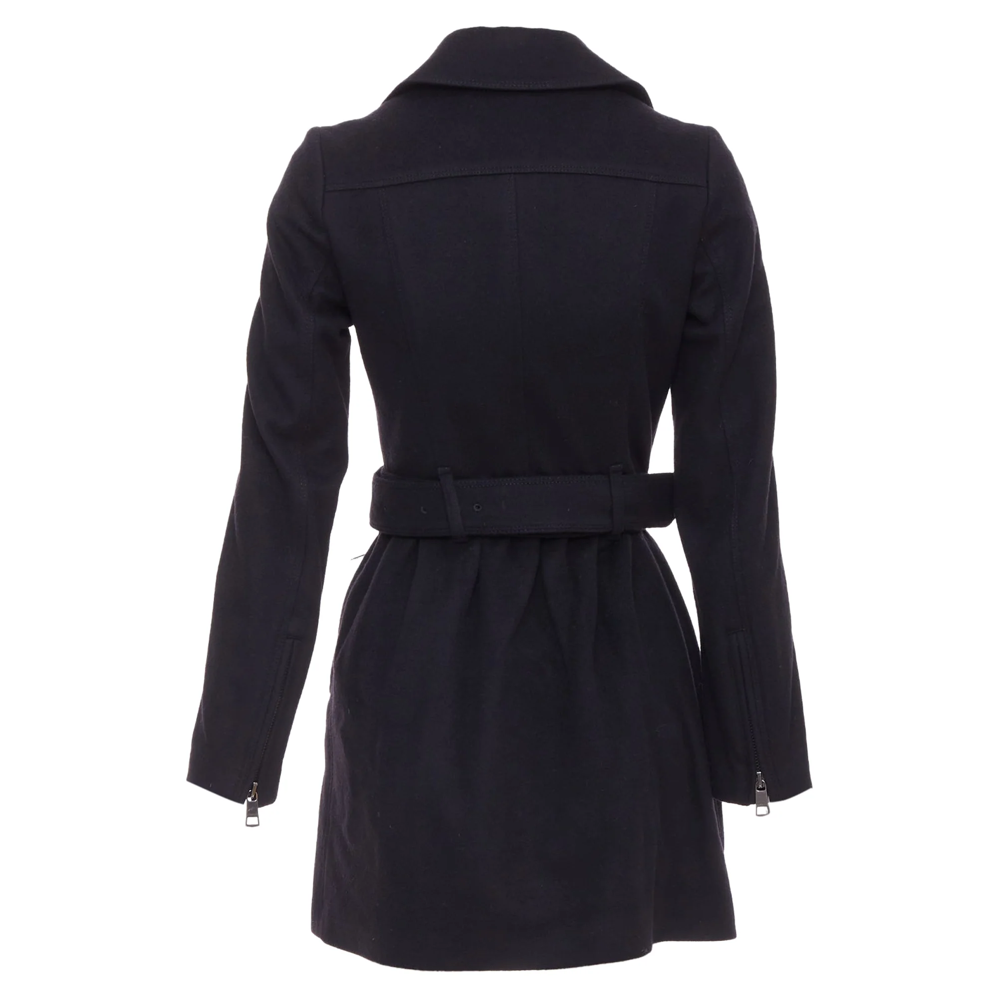 Women's BURBERRY black virgin wool cashmere asymmetric zip belted trench coat UK4 XXS - Image 6